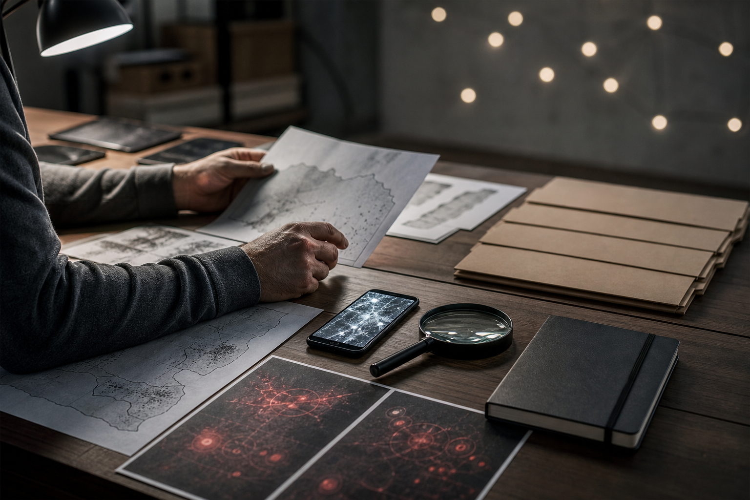 An analyst reviews a phone, maps, folders, and a field notebook at an orderly investigation desk.