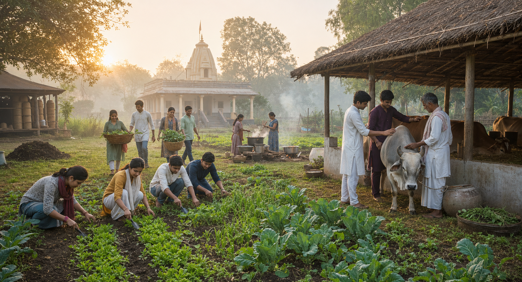 Students cultivate vegetables, carry harvested produce, and help care for a cow at a rural devotional community at sunrise.