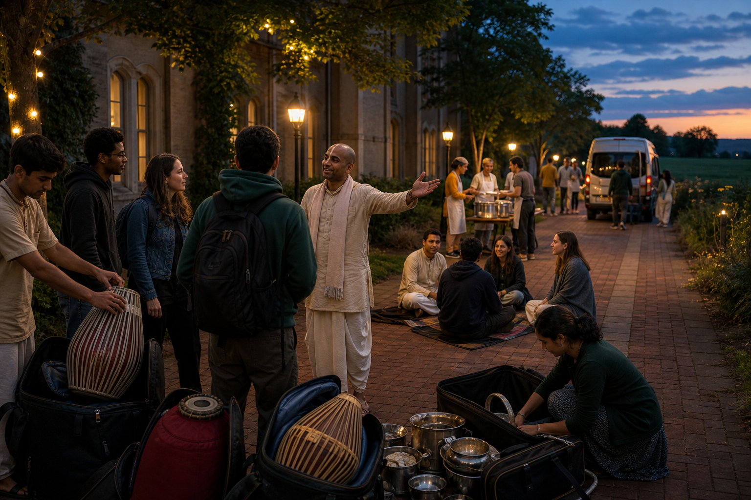 Students meet with a volunteer coordinator after a campus festival as nearby groups prepare for discussion, prasadam service, and a farm visit.