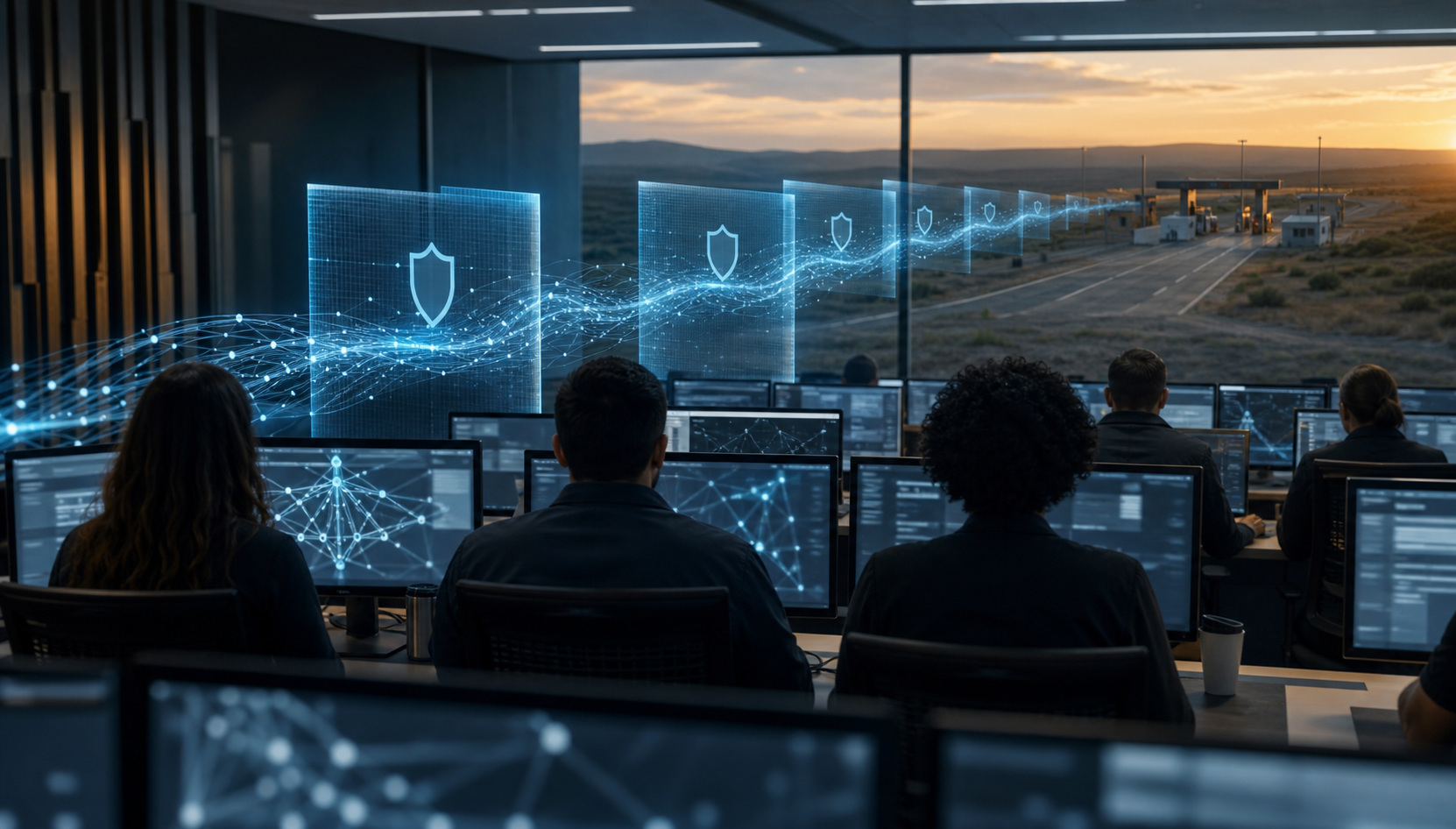 Cyber investigators observe abstract communication paths passing through digital security layers before a distant road checkpoint.