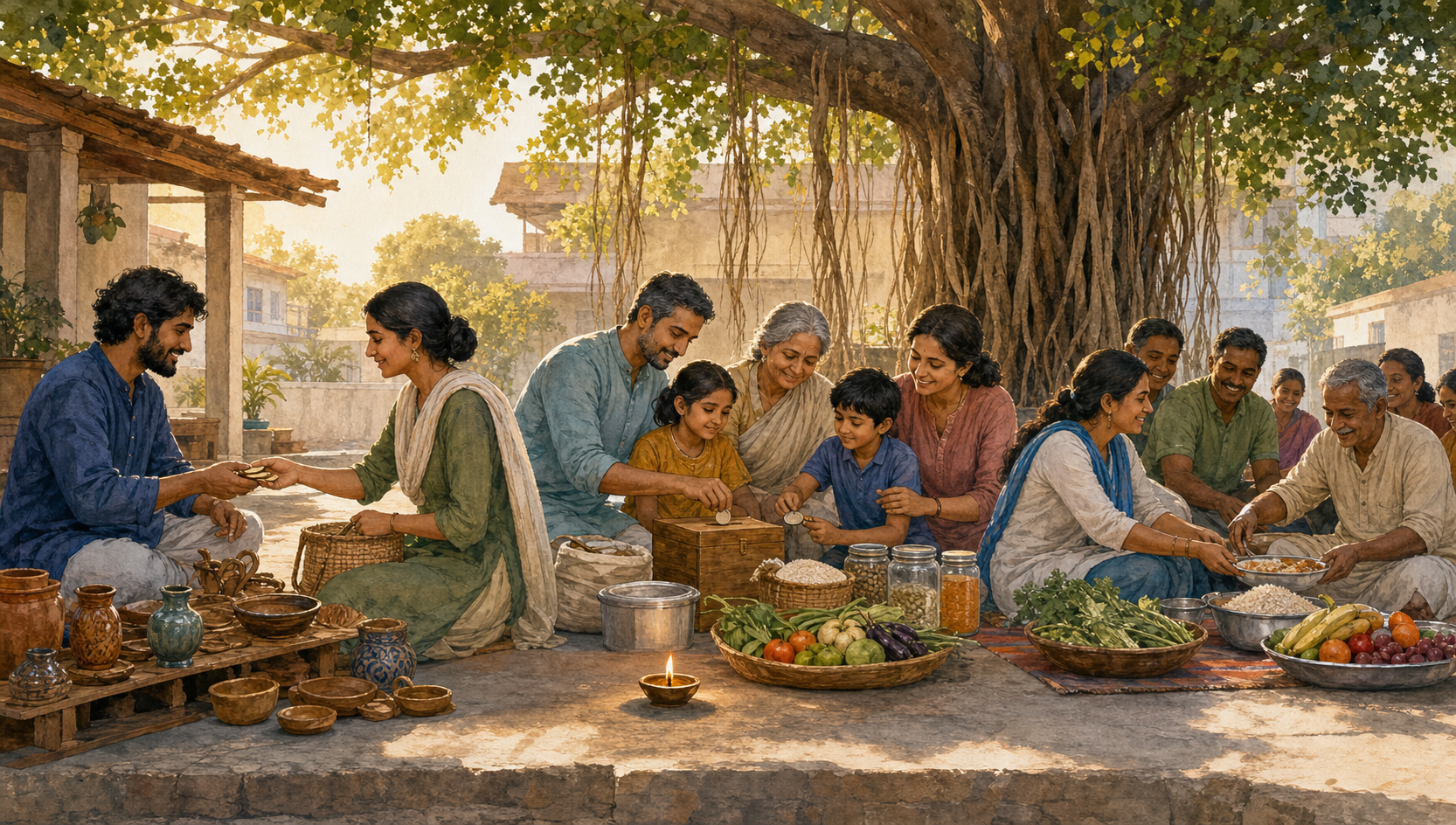 Illustrated courtyard scene showing a craftsperson receiving payment, a family setting aside savings and neighbors sharing food beneath a banyan tree.