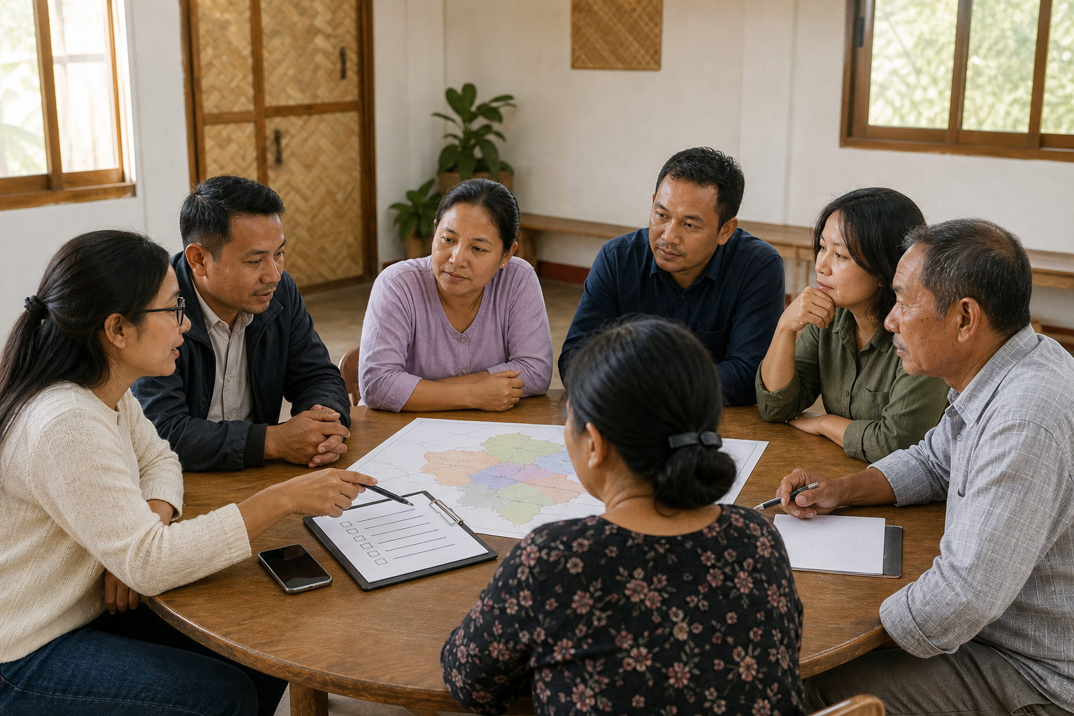 Community organizers, educators, a digital safety specialist, and a public official discuss a phone and regional map around a table.
