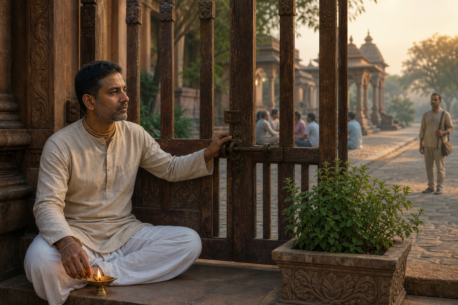 A Vaishnava devotee sits beside a closed garden gate with an oil lamp and tulasi plant while community members remain protected inside and another adult waits outside.