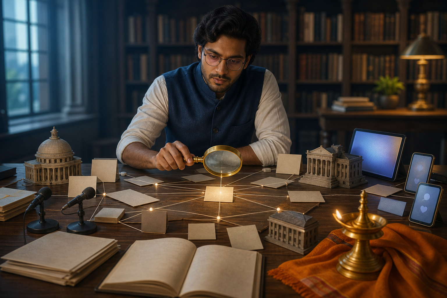 A researcher at a library desk studies unmarked documents and connected media and institutional objects with a magnifying glass beside a brass oil lamp.