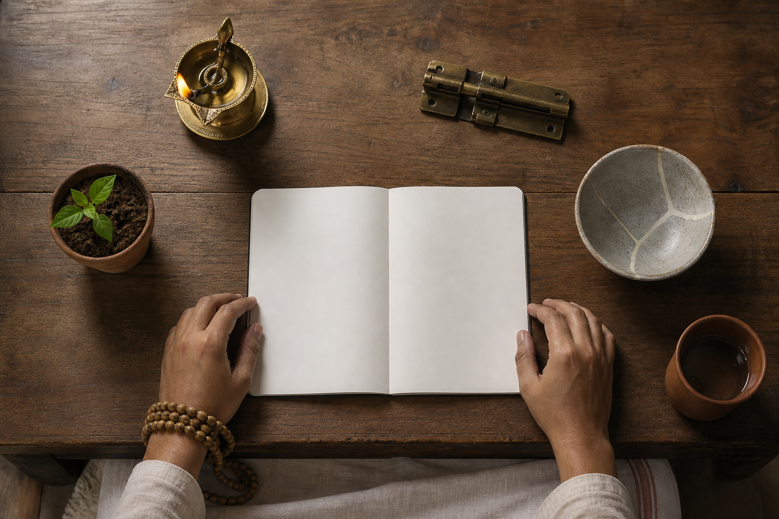 Hands rest beside a blank notebook and four objects: a brass lamp, a door latch, a seedling, and a repaired clay bowl.