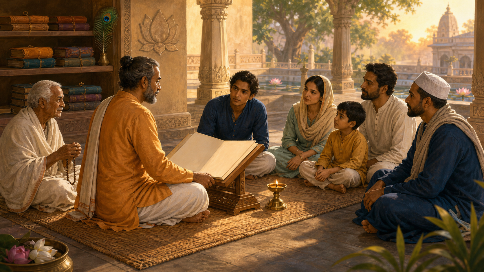 A teacher explains a sacred manuscript to an intergenerational group seated in a temple-library courtyard.