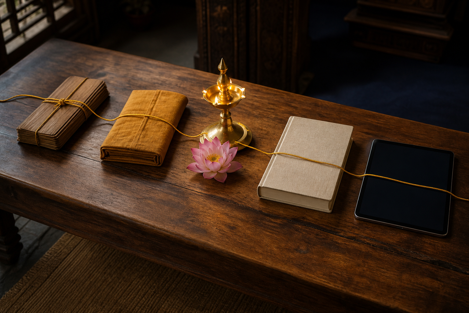 A golden cord connects a palm-leaf manuscript, a cloth-wrapped volume, a blank book, and a tablet beside an oil lamp.