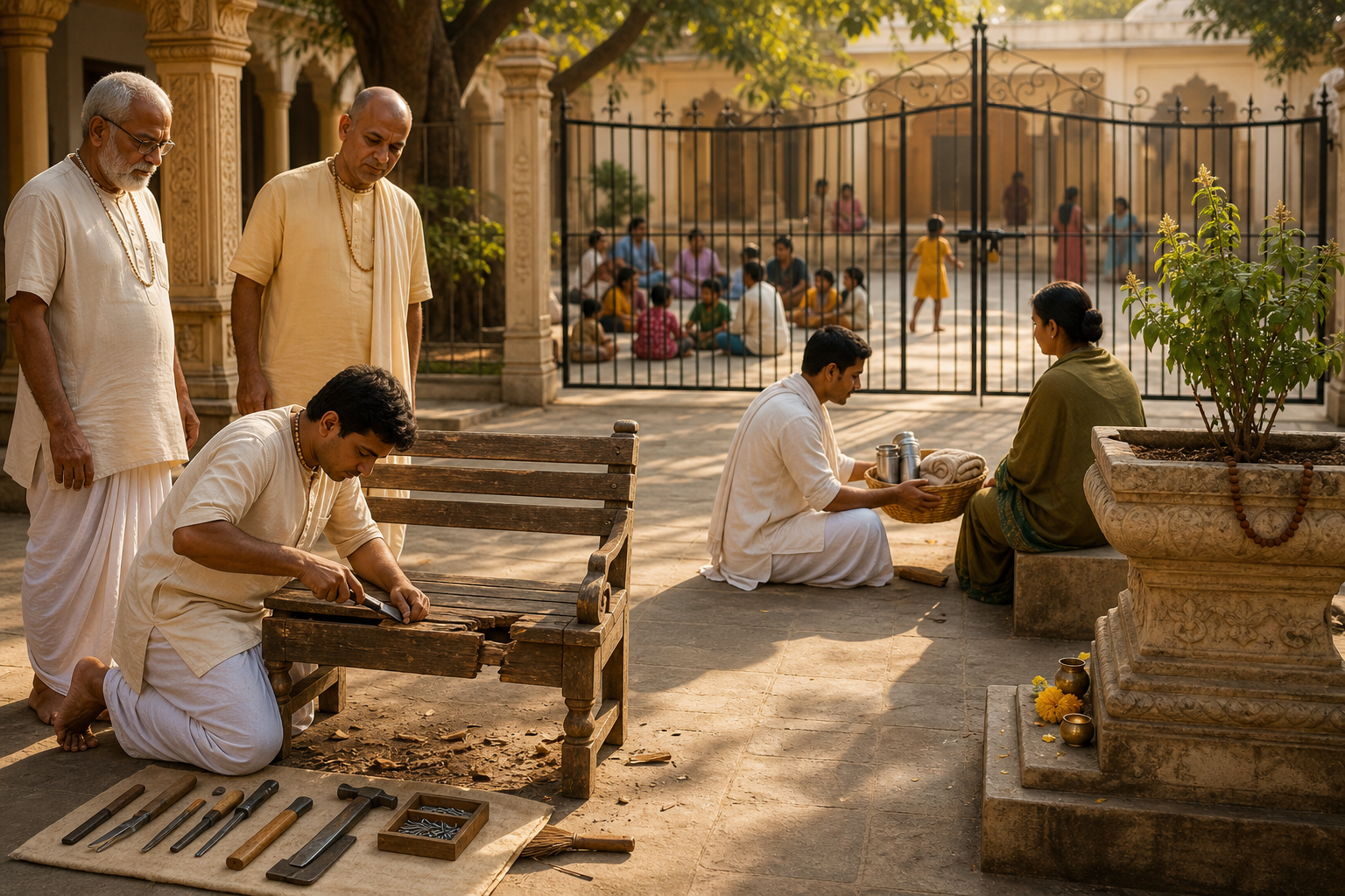 An adult repairs a damaged bench under supervision while another person receives support and a closed gate protects families in the background.