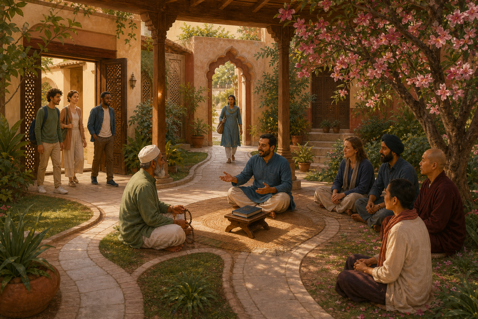 A teacher welcomes experienced devotees, newcomers, and guests seated at different points around the same courtyard.