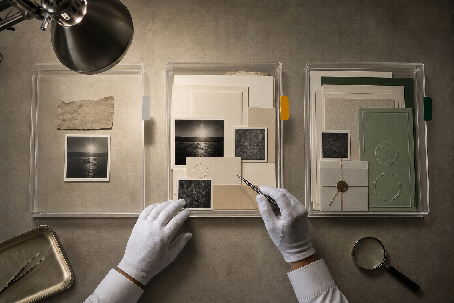 Gloved hands examine three trays containing increasingly organized sets of anonymous documents and source materials under a desk lamp.
