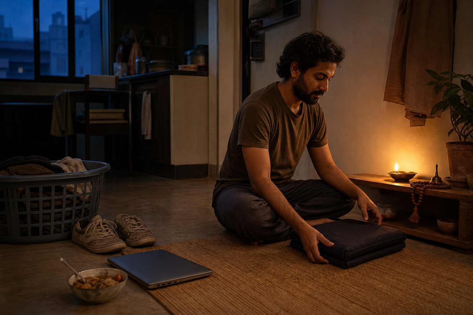 A person settles onto a meditation cushion in a small home corner surrounded by ordinary evening items.