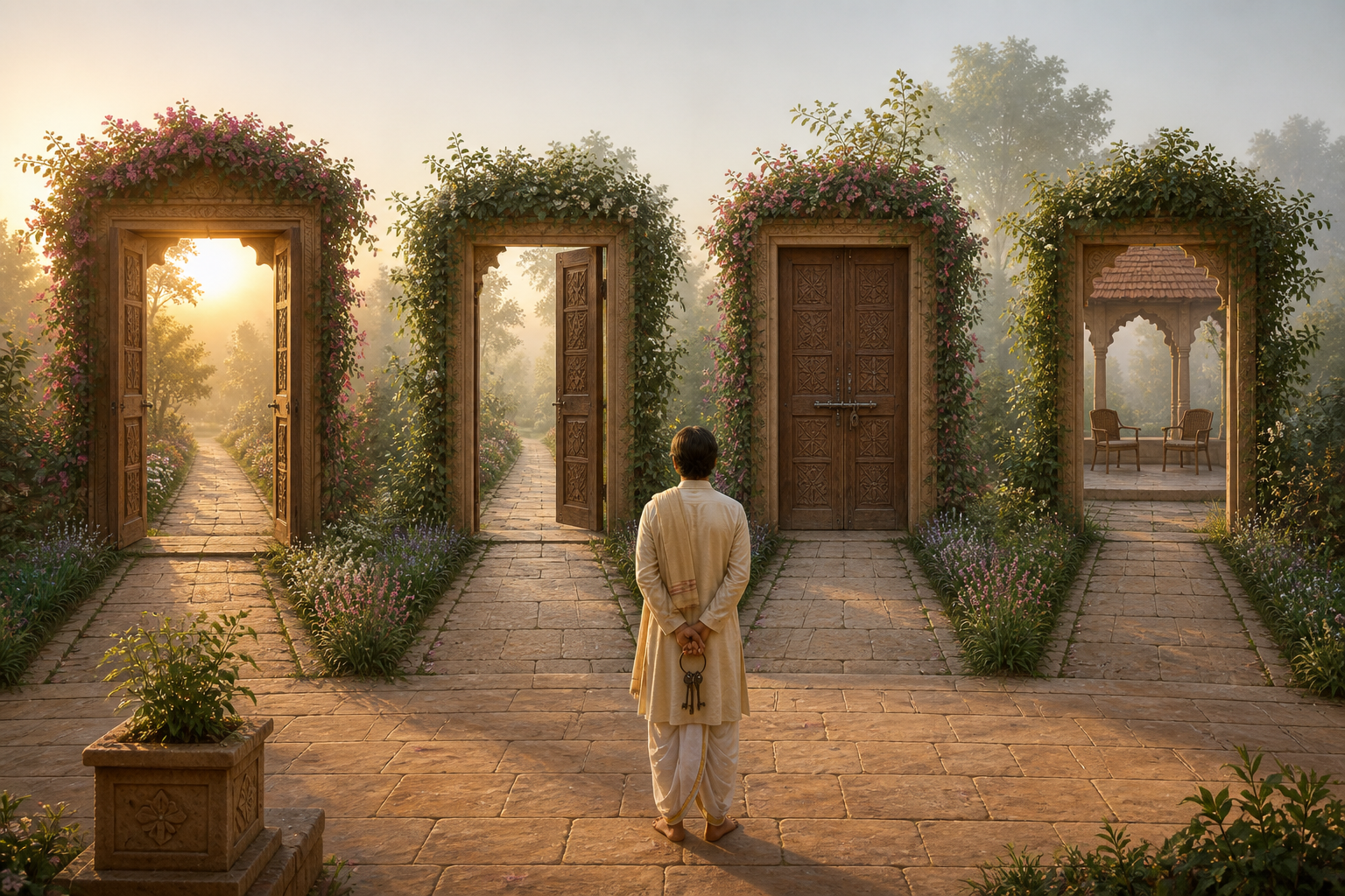 A devotee holding keys faces four separate garden paths with gates that are open, partly open, closed, or connected to a meeting pavilion.