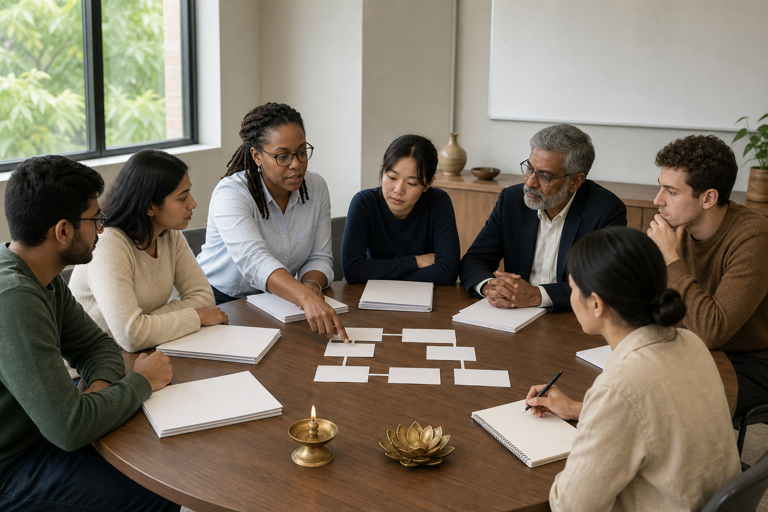 A diverse group of advocates, students, and administrators reviews evidence packets together around a conference table.
