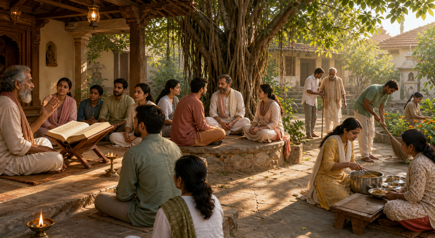 People listen to a scripture lesson, reflect together, and then serve food, tend a garden, help an elder, and clean a courtyard.