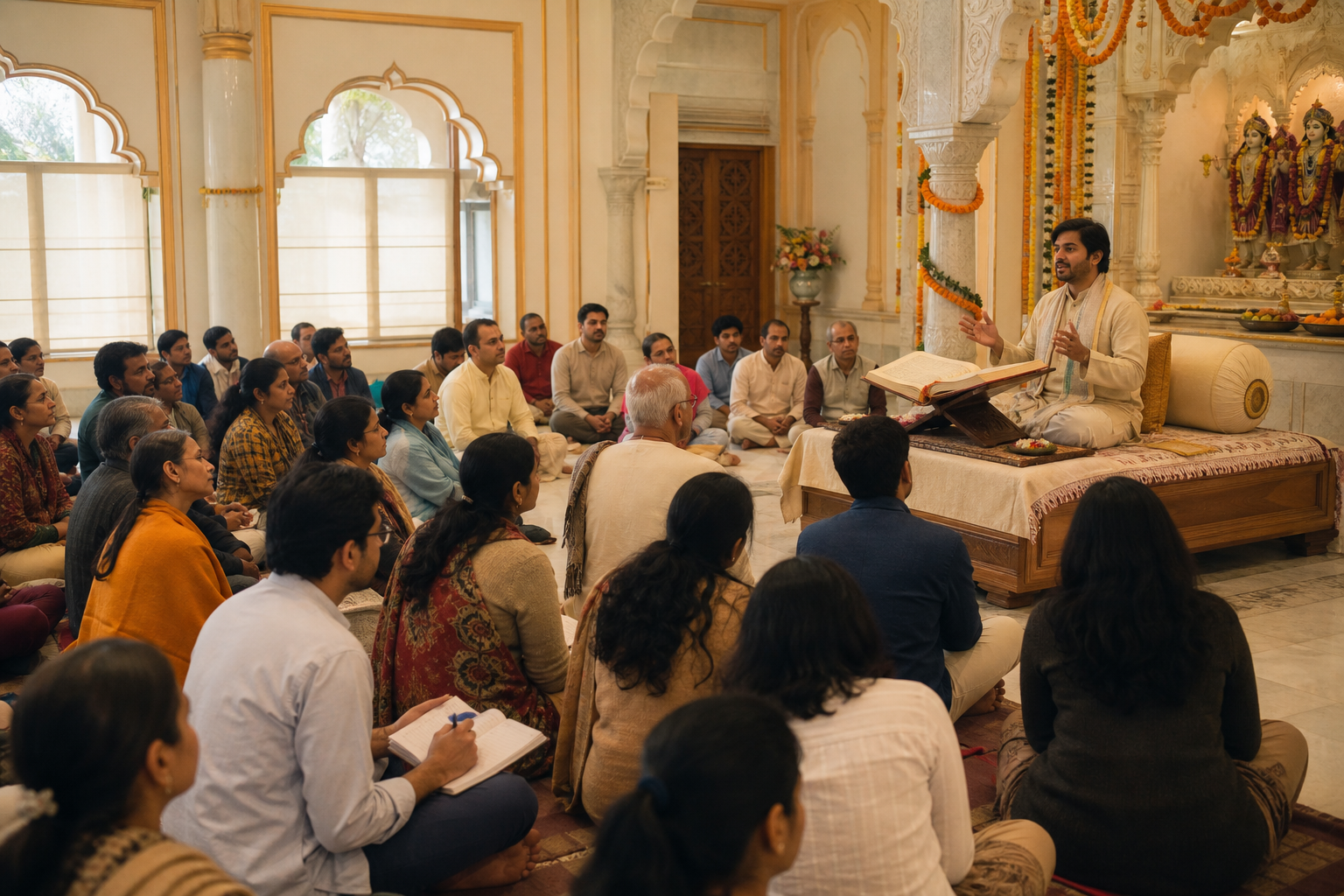 A spiritual teacher gives a scripture discourse to an attentive congregation seated inside a Vaishnava temple hall.