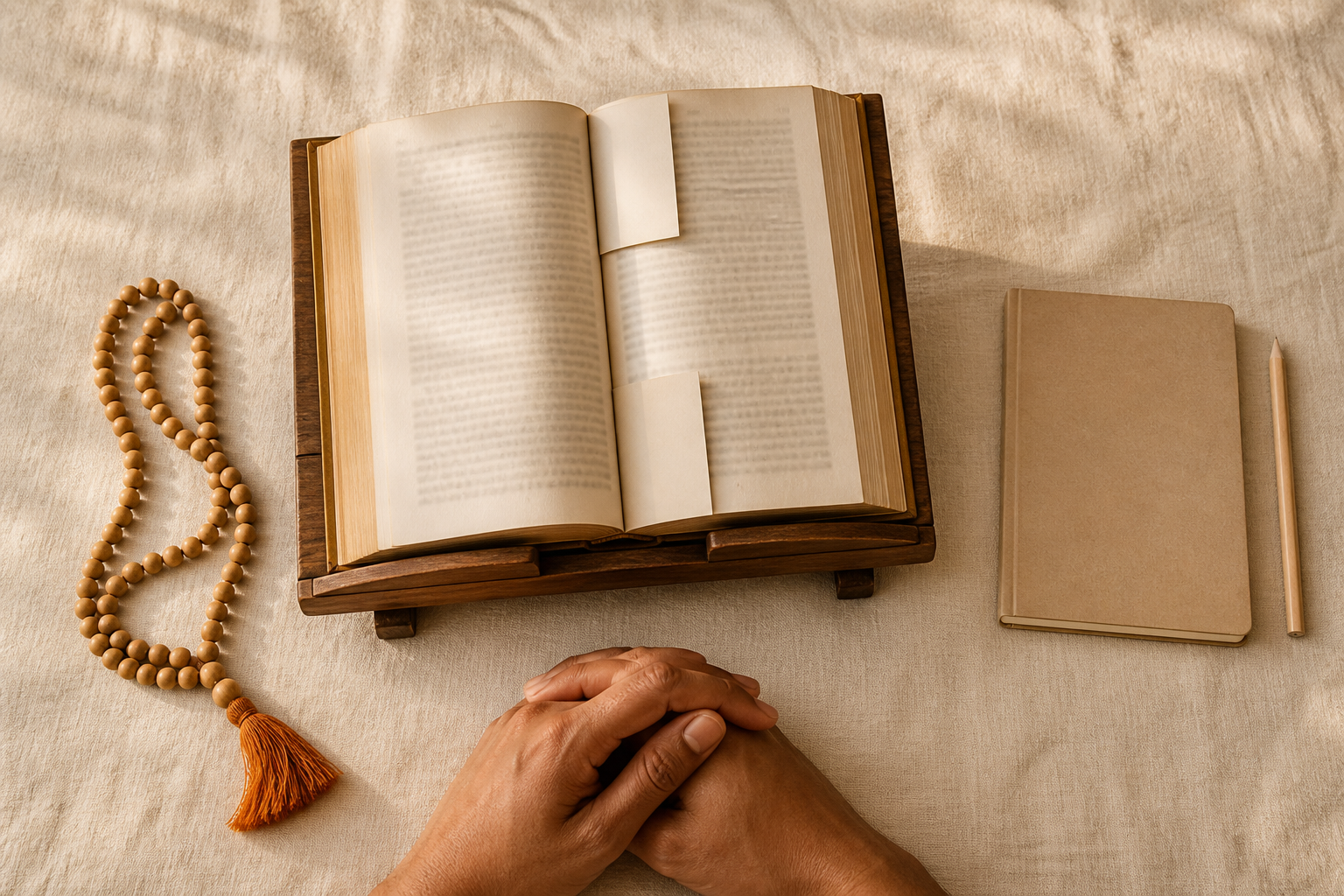 An open scripture, notebook, pencil, and prayer beads are arranged on a low study surface.