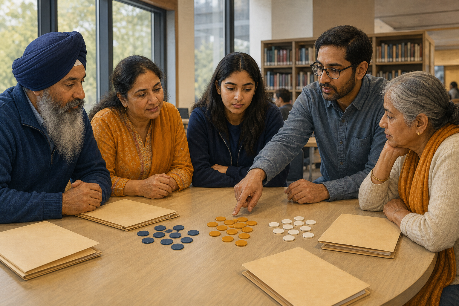 Hindu and Sikh community members examine anonymized incident folders and grouped counting tokens with a civic researcher in a library meeting room.