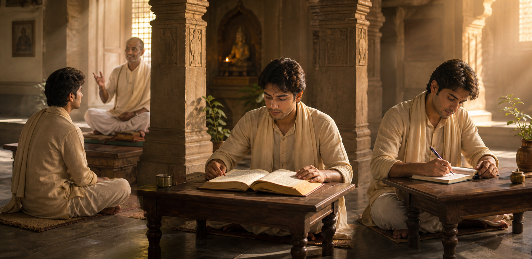 The same devotee is shown listening to a discourse, reviewing a scripture, and writing a reflection.