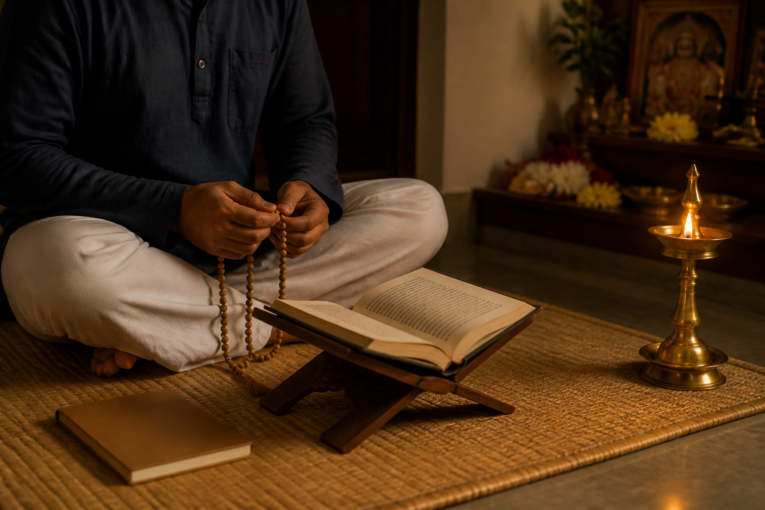 A devotee sits beside an open scripture and notebook while holding prayer beads in a softly lit home prayer space.
