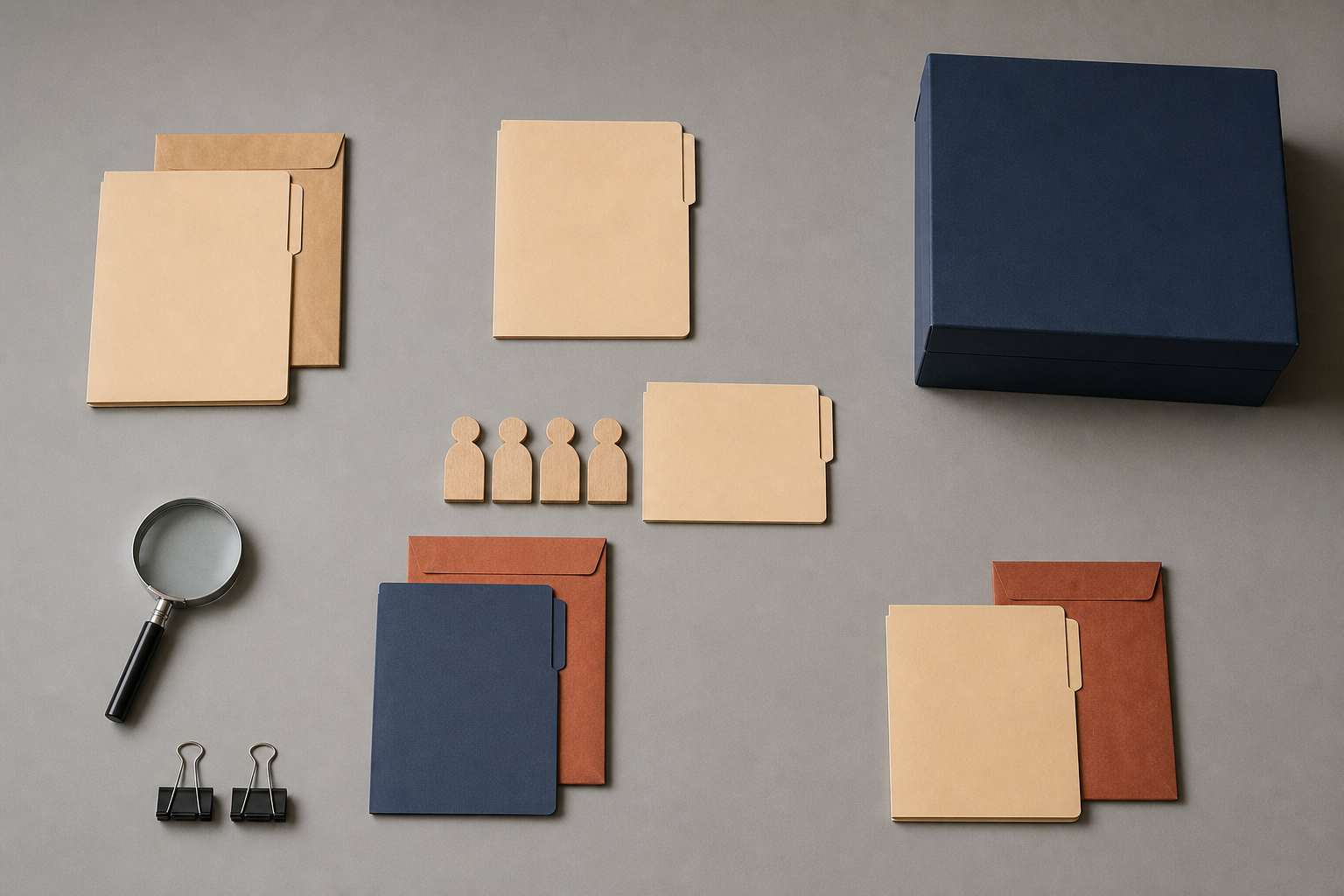 Blank case folders, evidence envelopes, and wooden person markers are separated into groups on a desk to represent different counting units.