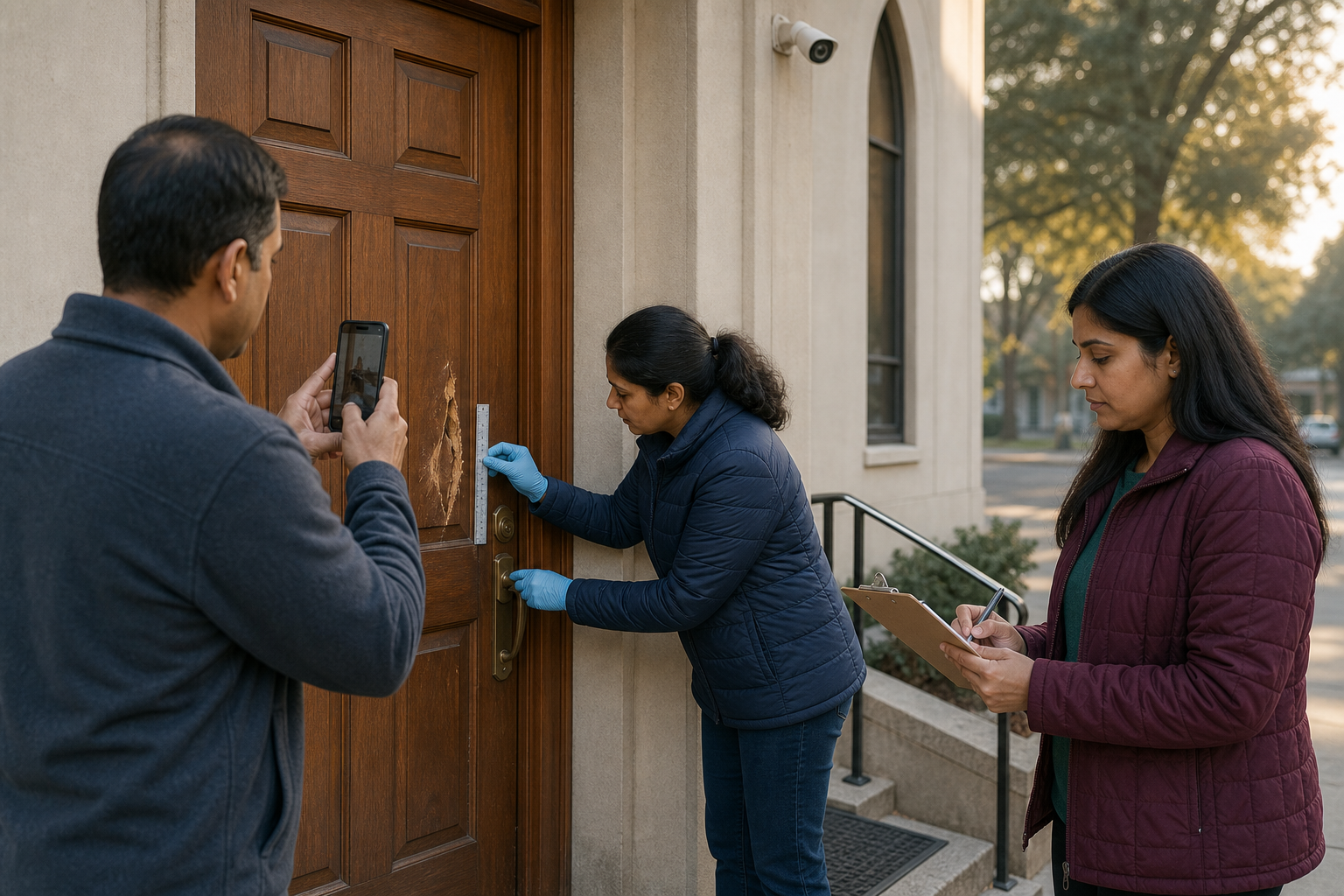 Community volunteers photograph and measure damage to a worship-space entrance while recording observations on a clipboard.
