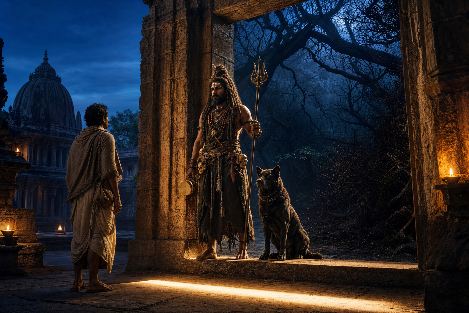 Bhairava stands with a trident at a stone gateway while a dark dog sits beside him and a traveler pauses at the band of light marking the threshold.