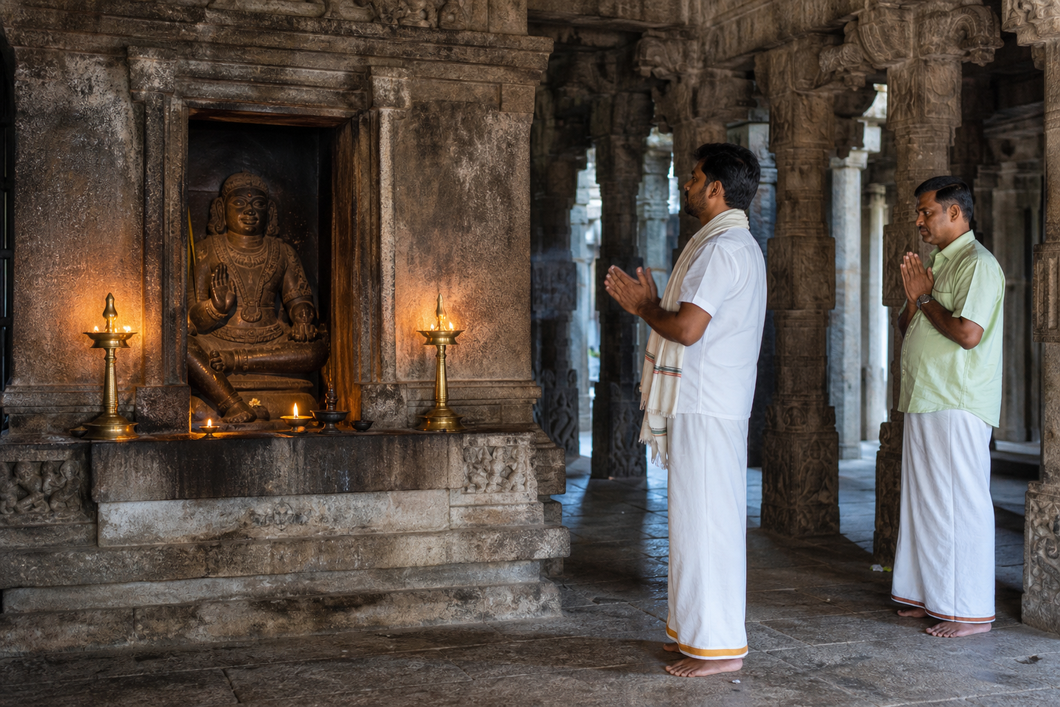 A devotee gives a soft clap at chest level while pausing before a small Chandikeshwara shrine in a Tamil Shiva temple corridor.