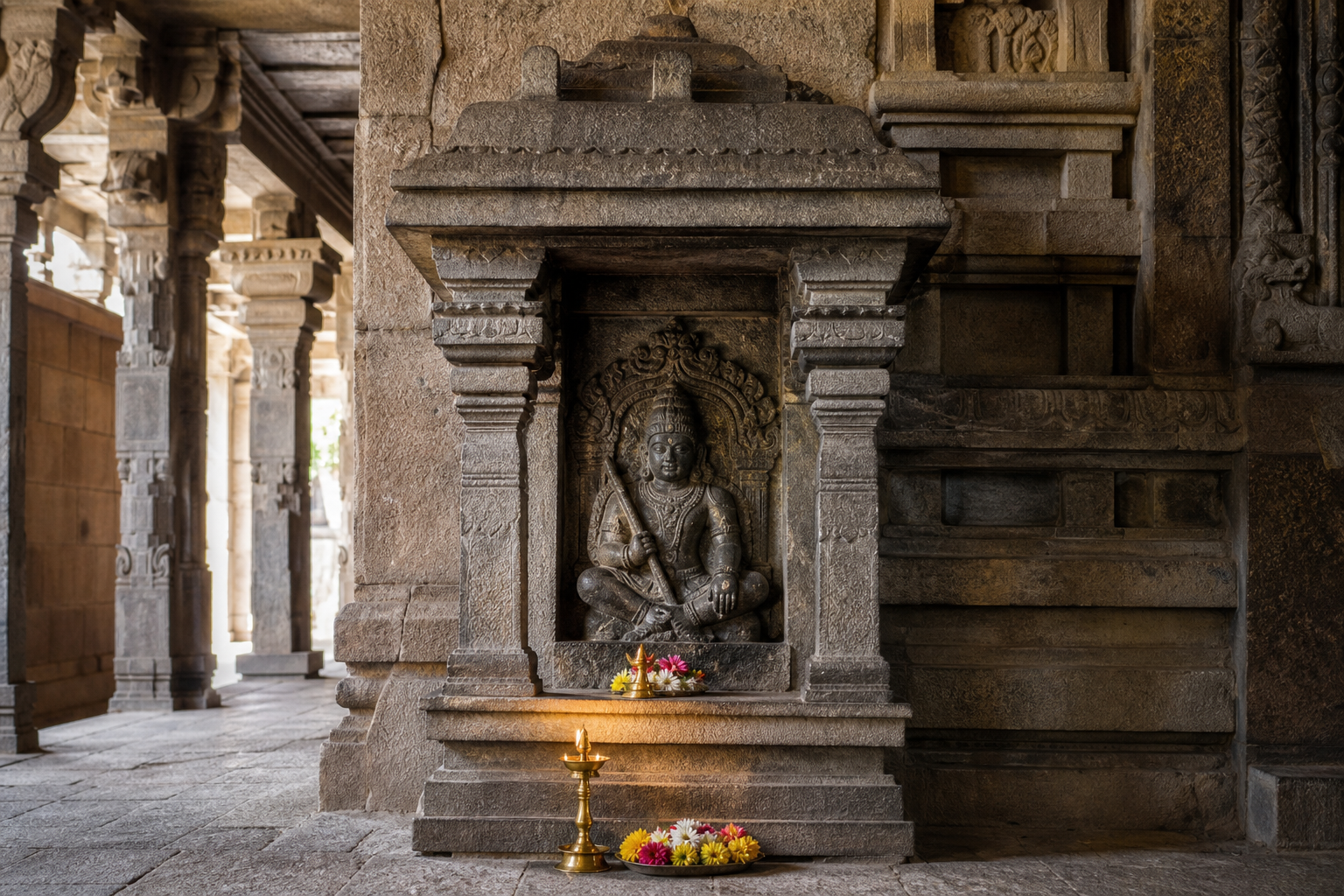A seated stone figure of Chandikeshwara inside a small carved granite shrine along a Tamil Shiva temple passage.