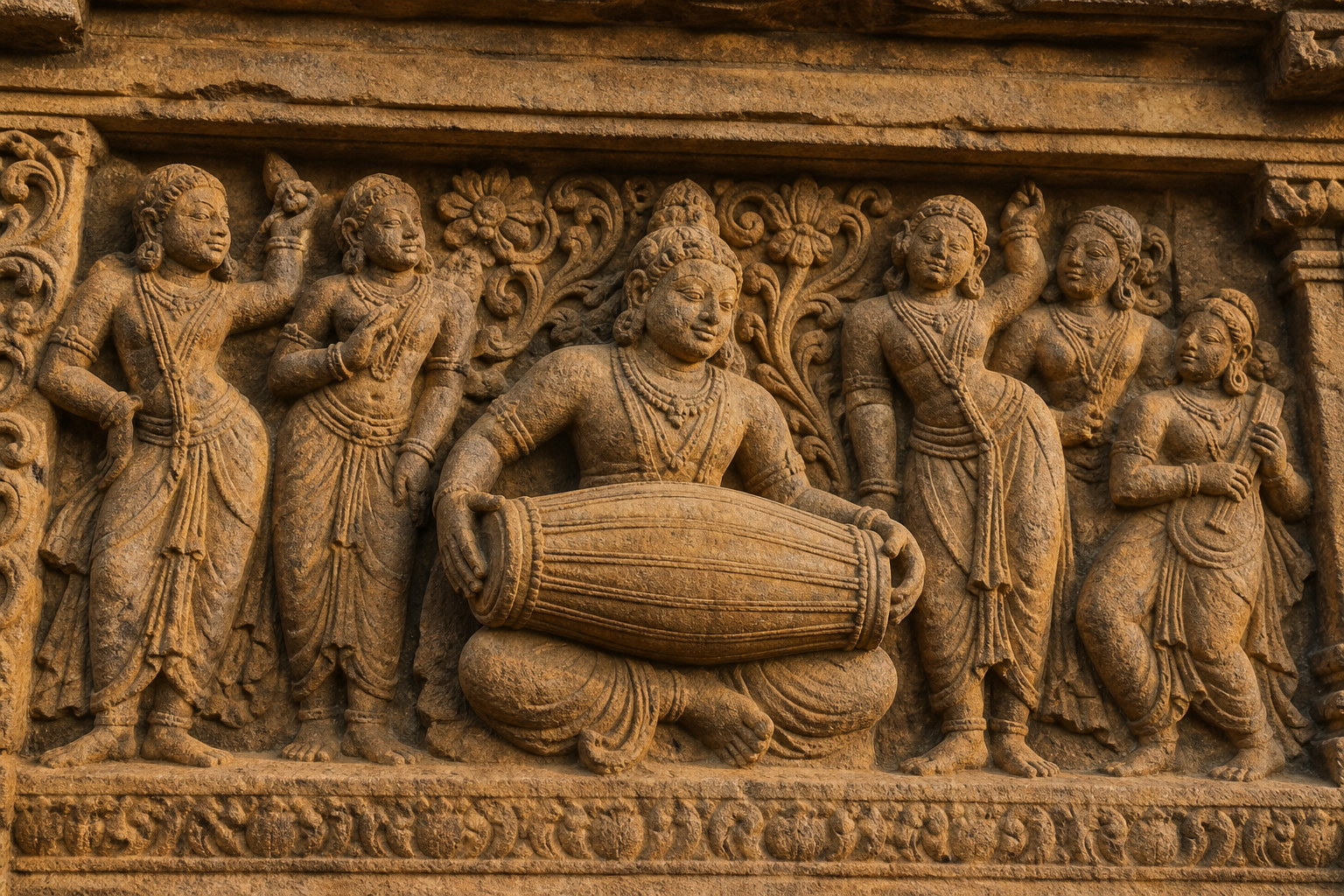 Weathered sandstone temple relief of a musician playing a long double-headed barrel drum among dancers and carved ornament.