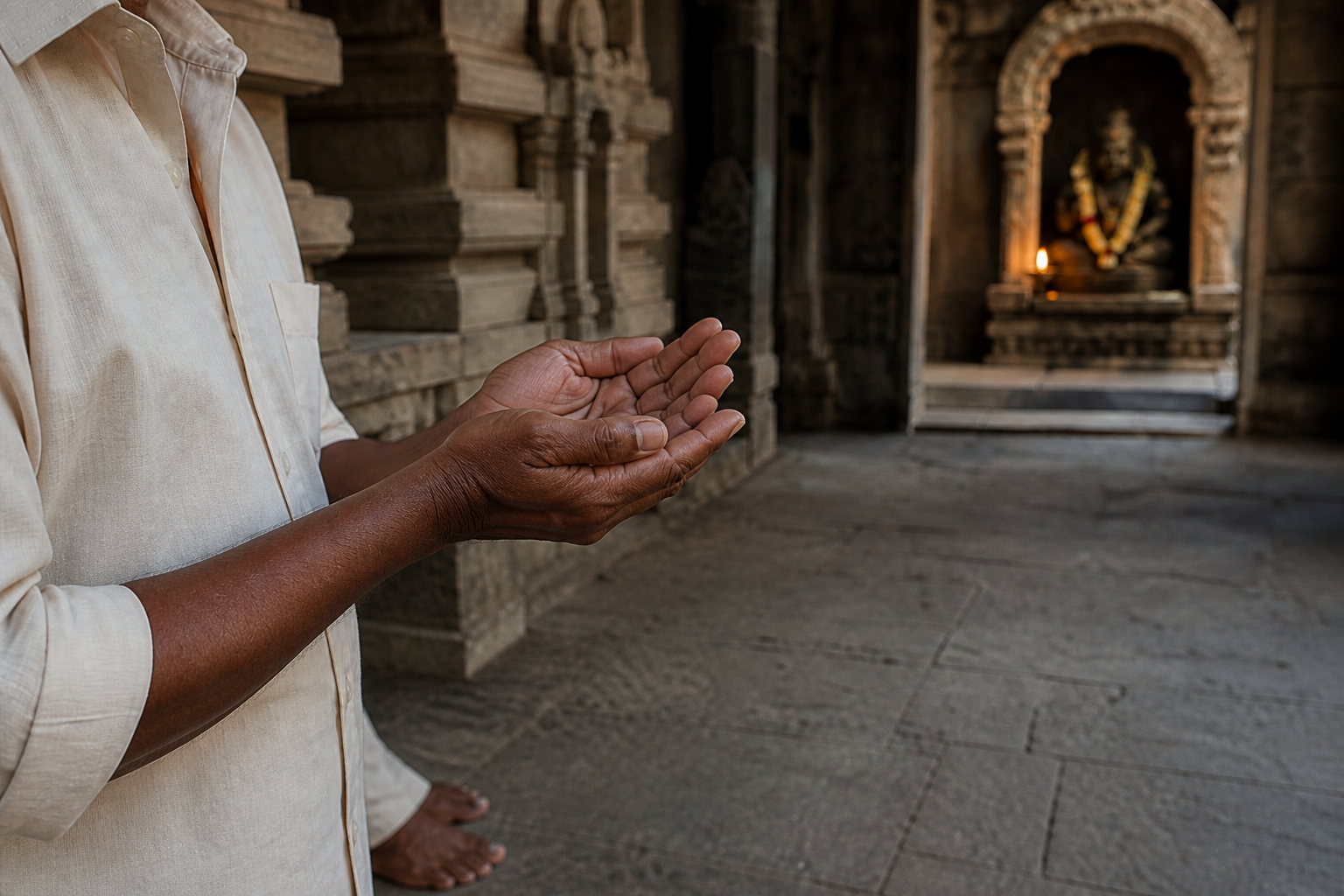 A devotee's relaxed hands meet in a soft clap before a softly focused Chandikeshwara shrine.