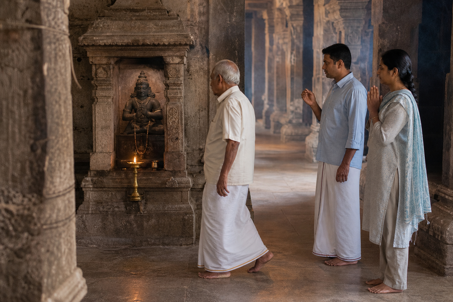 Visitors stand aside and make small, restrained gestures near a Chandikeshwara shrine without blocking the temple passage.