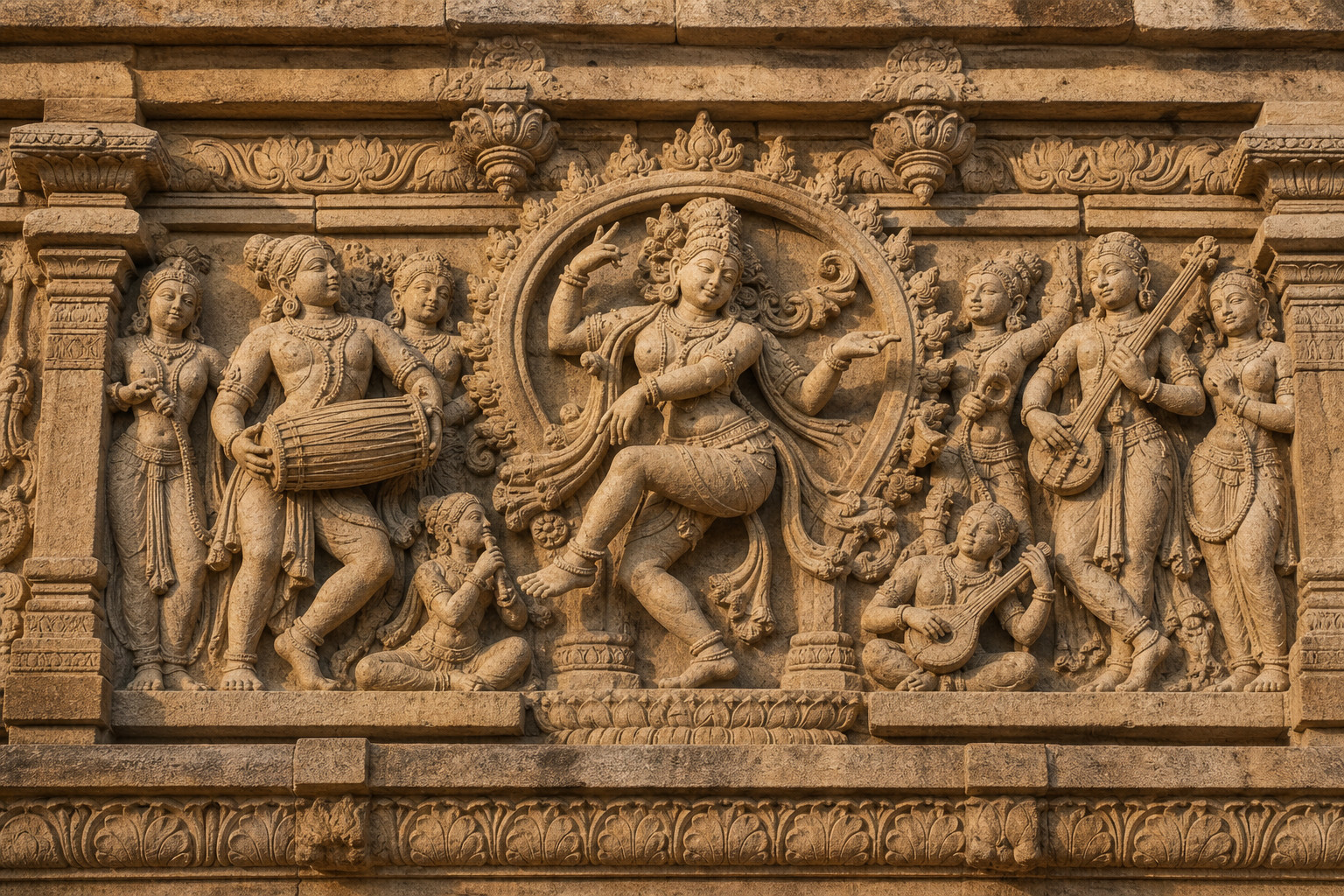 Wide temple relief with a central dancing figure, a nearby mridanga player, attendants, musicians, and floral architectural carving.