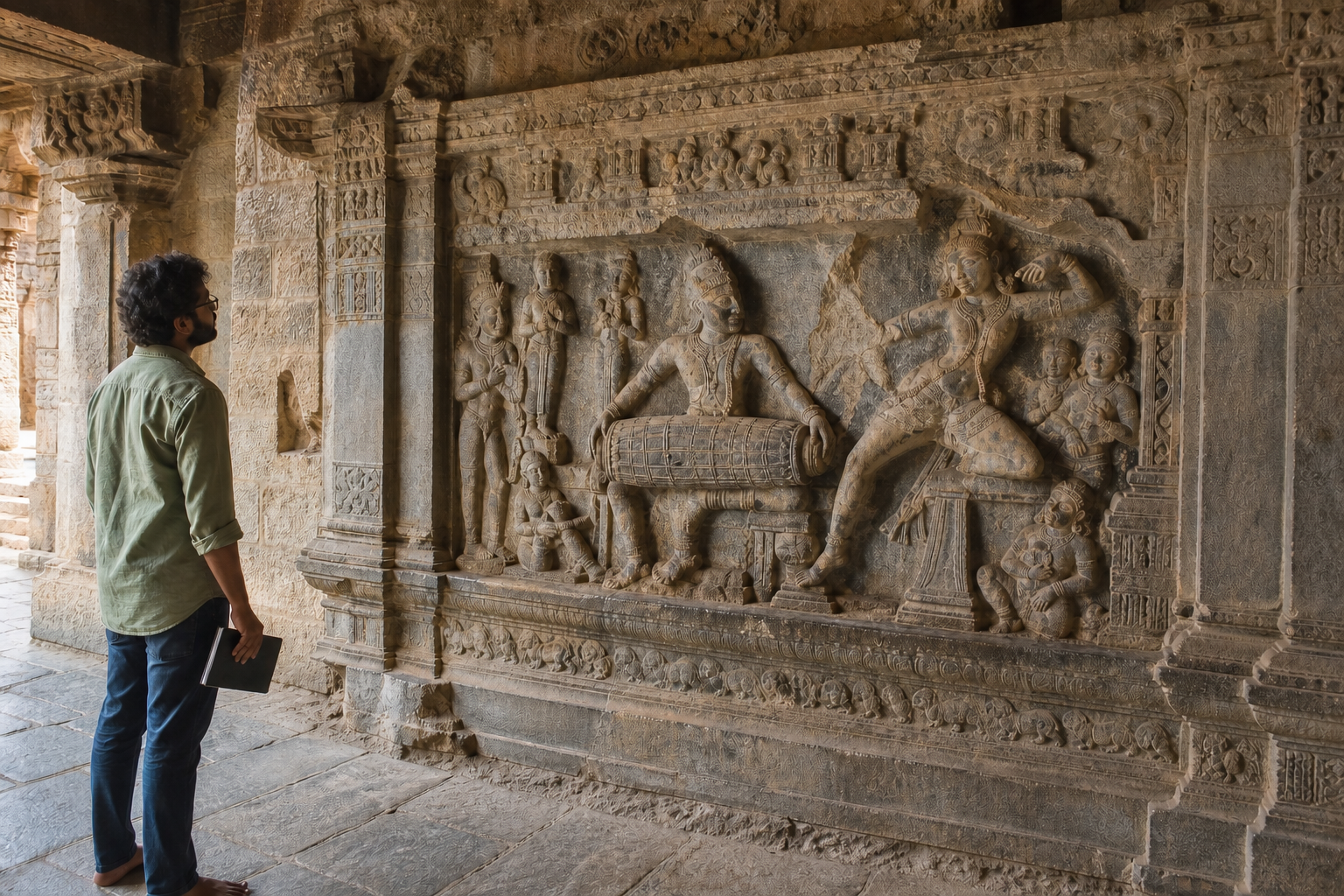 Visitor examining an entire weathered temple relief that includes a double-headed drum player, dancer, attendants, and architectural borders.