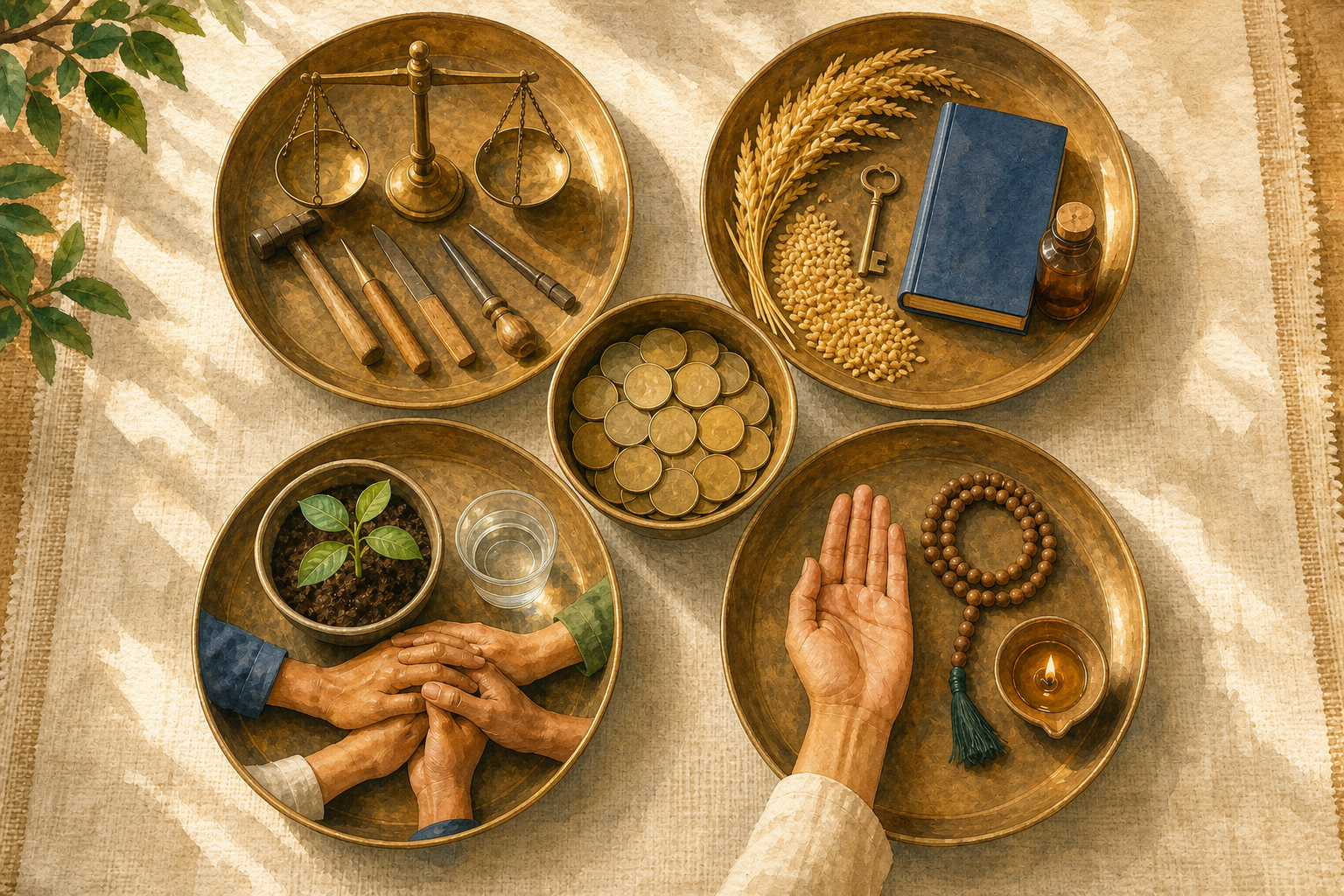 Overhead illustration of four bronze trays containing work tools, household necessities, a seedling with water, and an open hand with meditation beads around a bowl of coins.