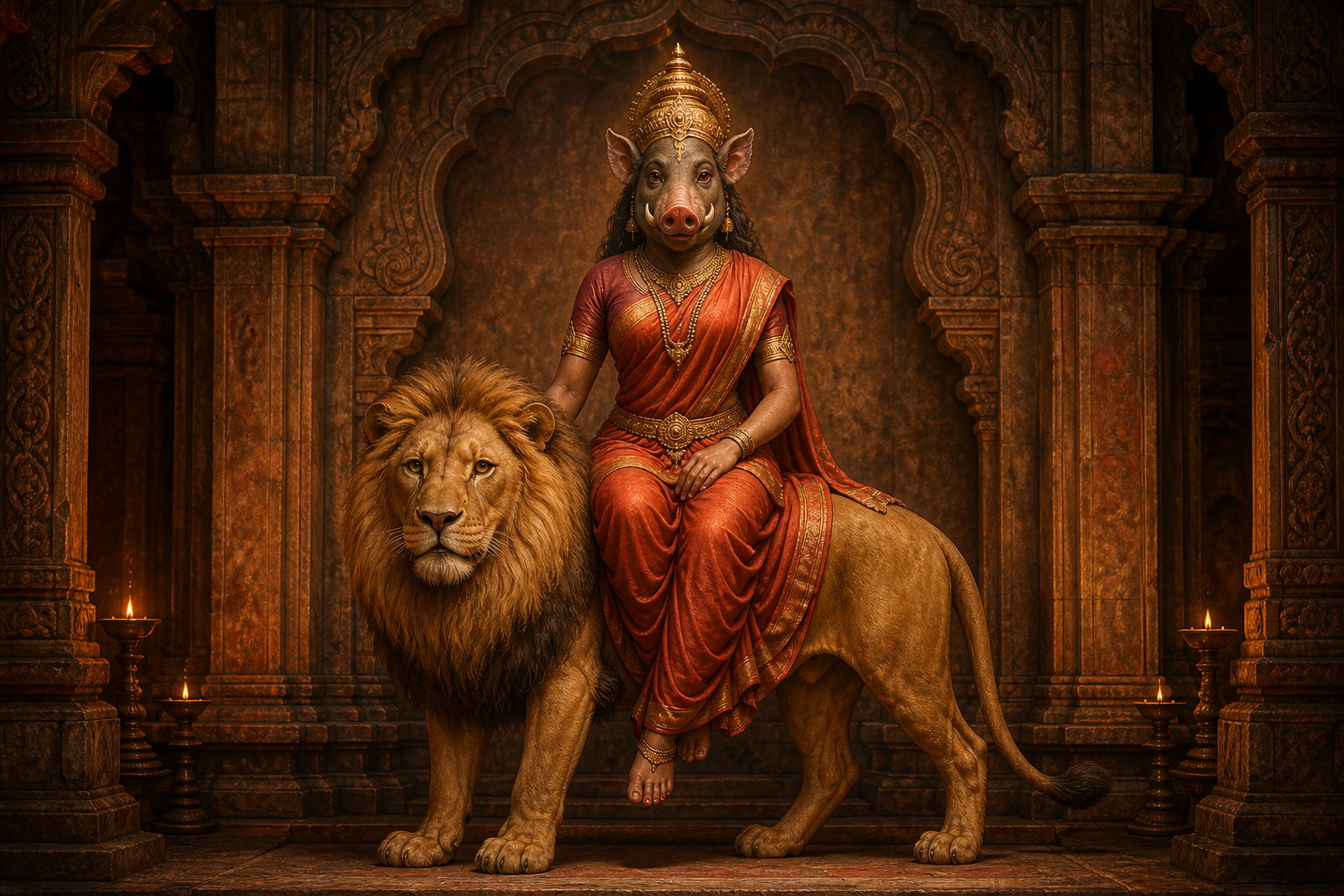 Boar-faced goddess seated on a lion in a softly lit stone temple alcove.