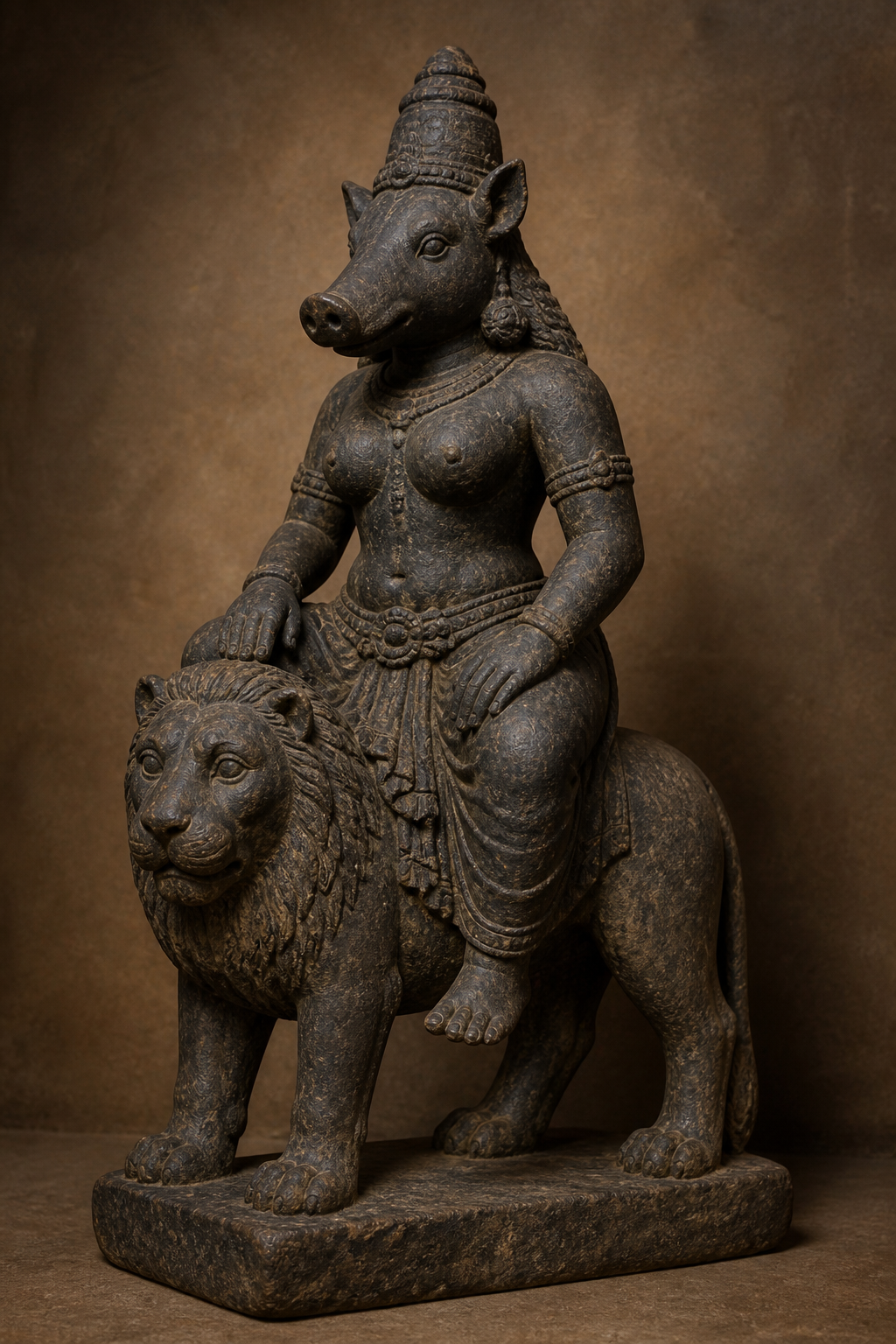 Stone figure of a boar-faced goddess positioned above a clearly visible lion.