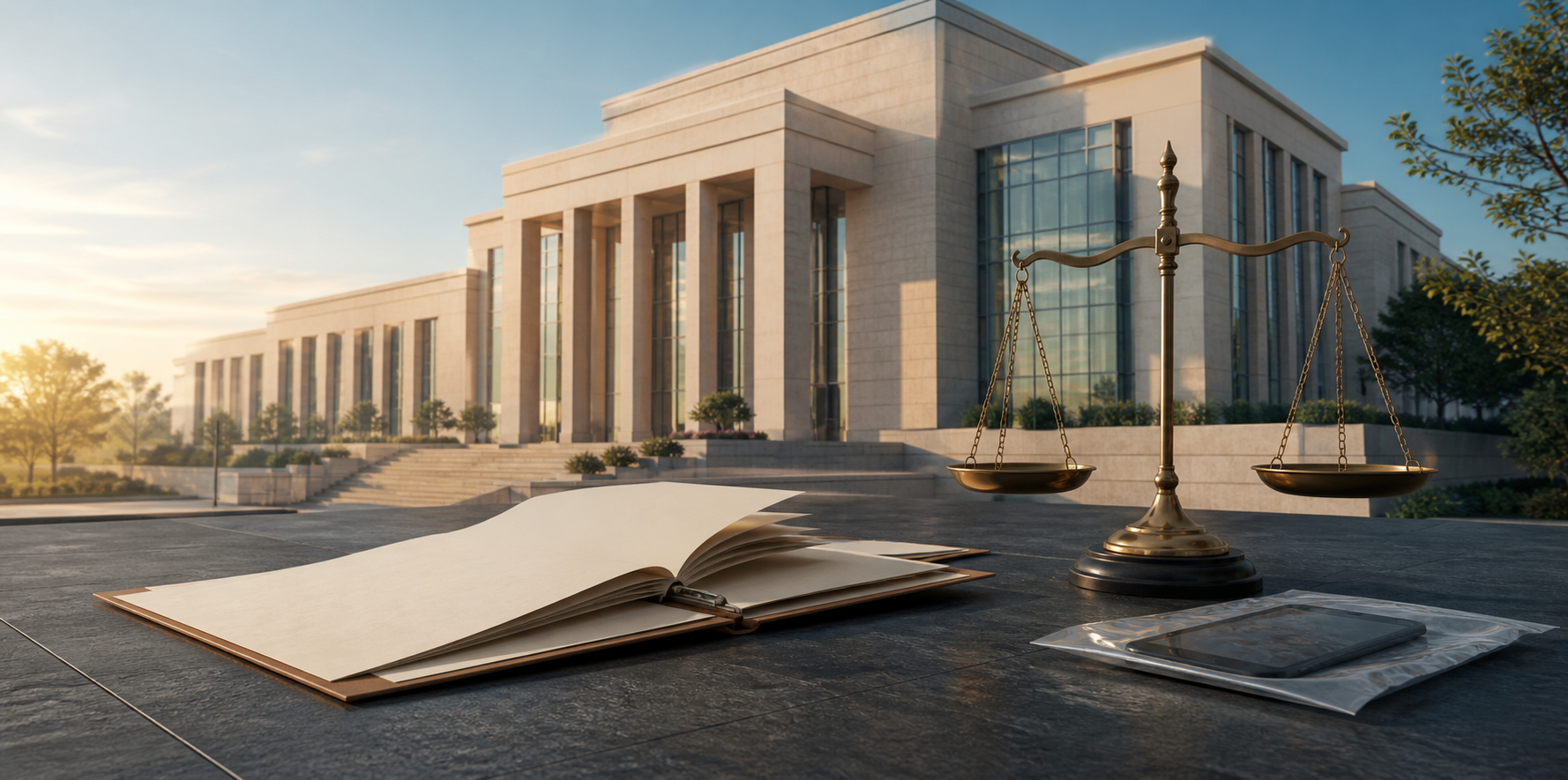An editorial illustration shows a modern Indian courthouse behind a blank legal file, balance scale, and sealed electronic device evidence pouch.