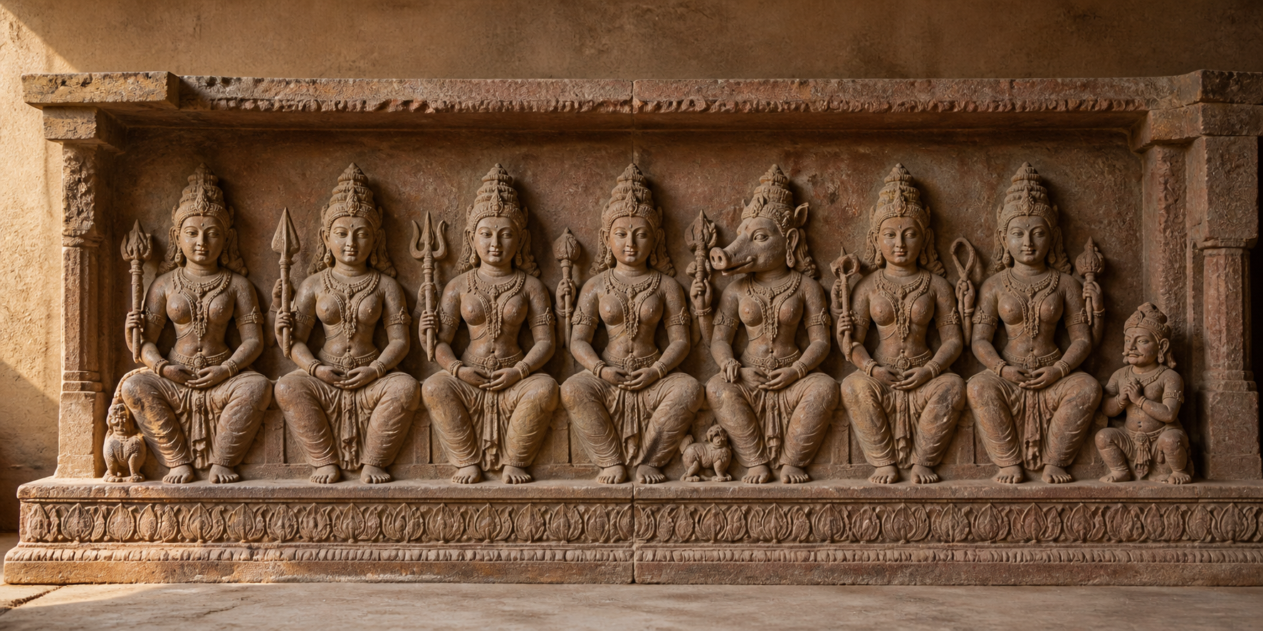 Seven seated mother-goddess figures in a carved relief, including a boar-faced Varahi among the group.