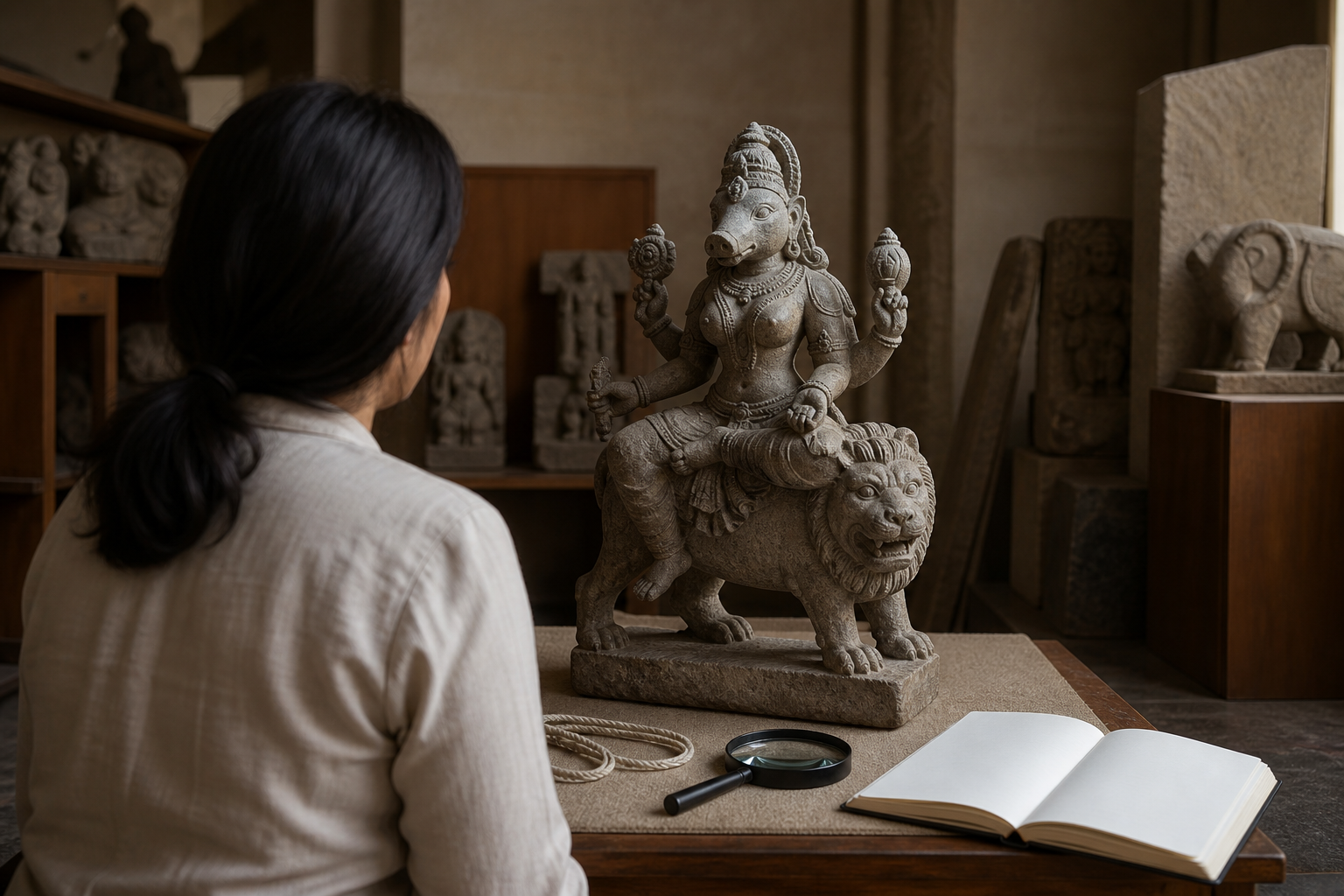 Researcher examining a small boar-faced goddess murti seated on a lion in a sculpture archive.