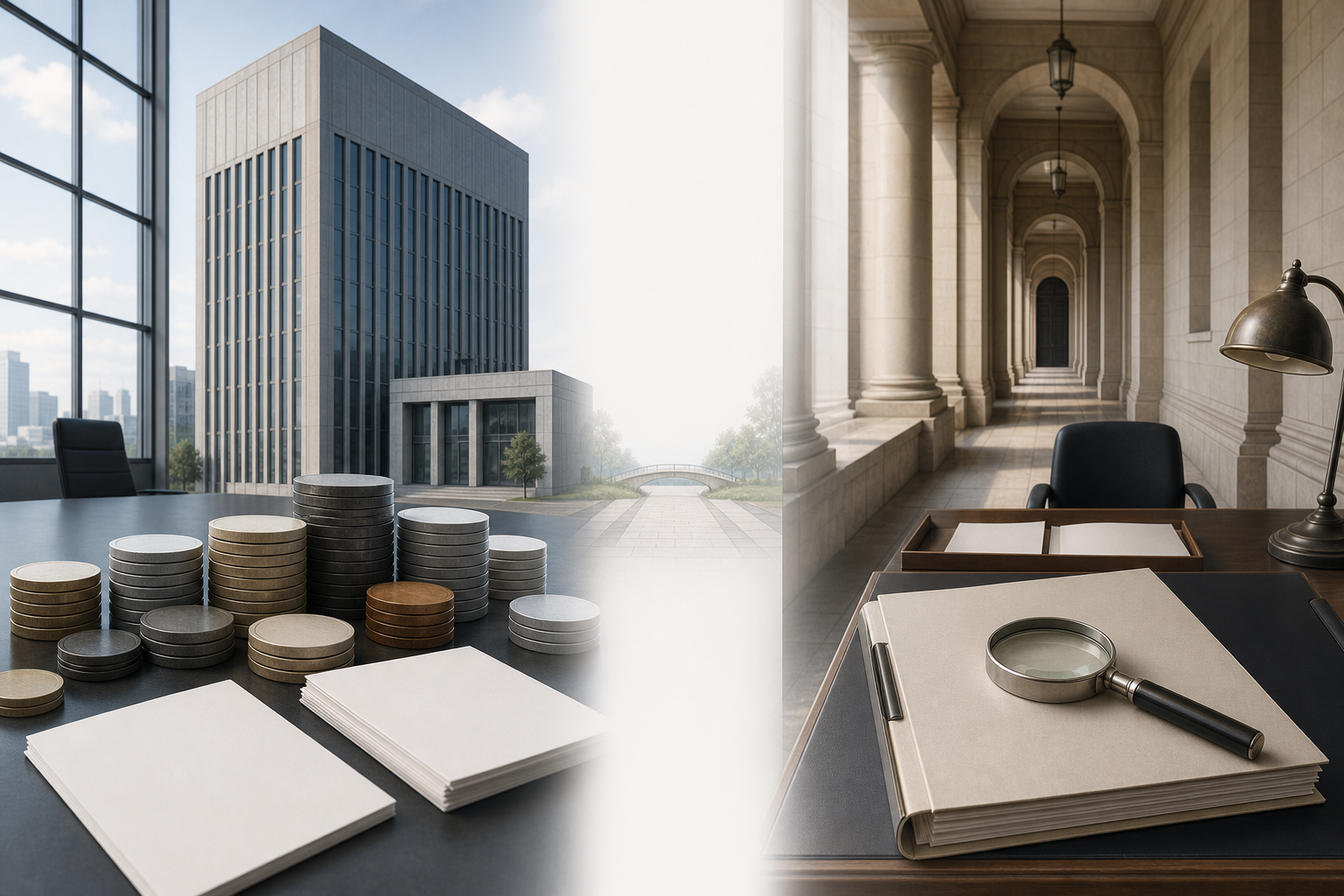 A divided illustration places investment-related objects on one side and a courthouse investigation file and magnifying glass on the other.