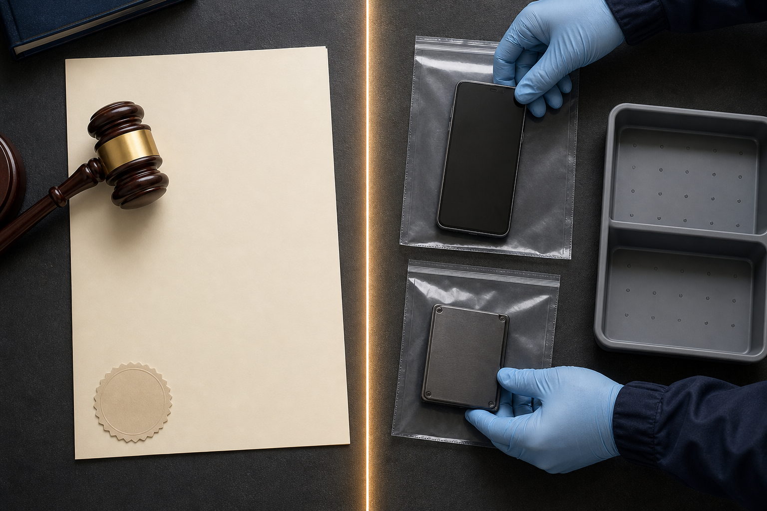 An overhead scene shows a blank court order and gavel beside gloved hands placing electronic devices into evidence sleeves.