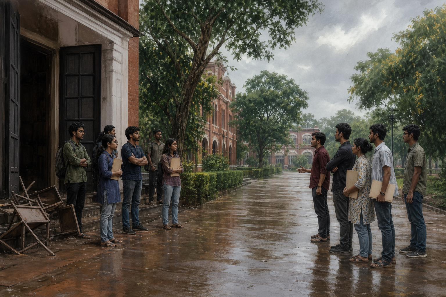 Editorial illustration of two groups of students facing each other across an open space outside a campus meeting hall.