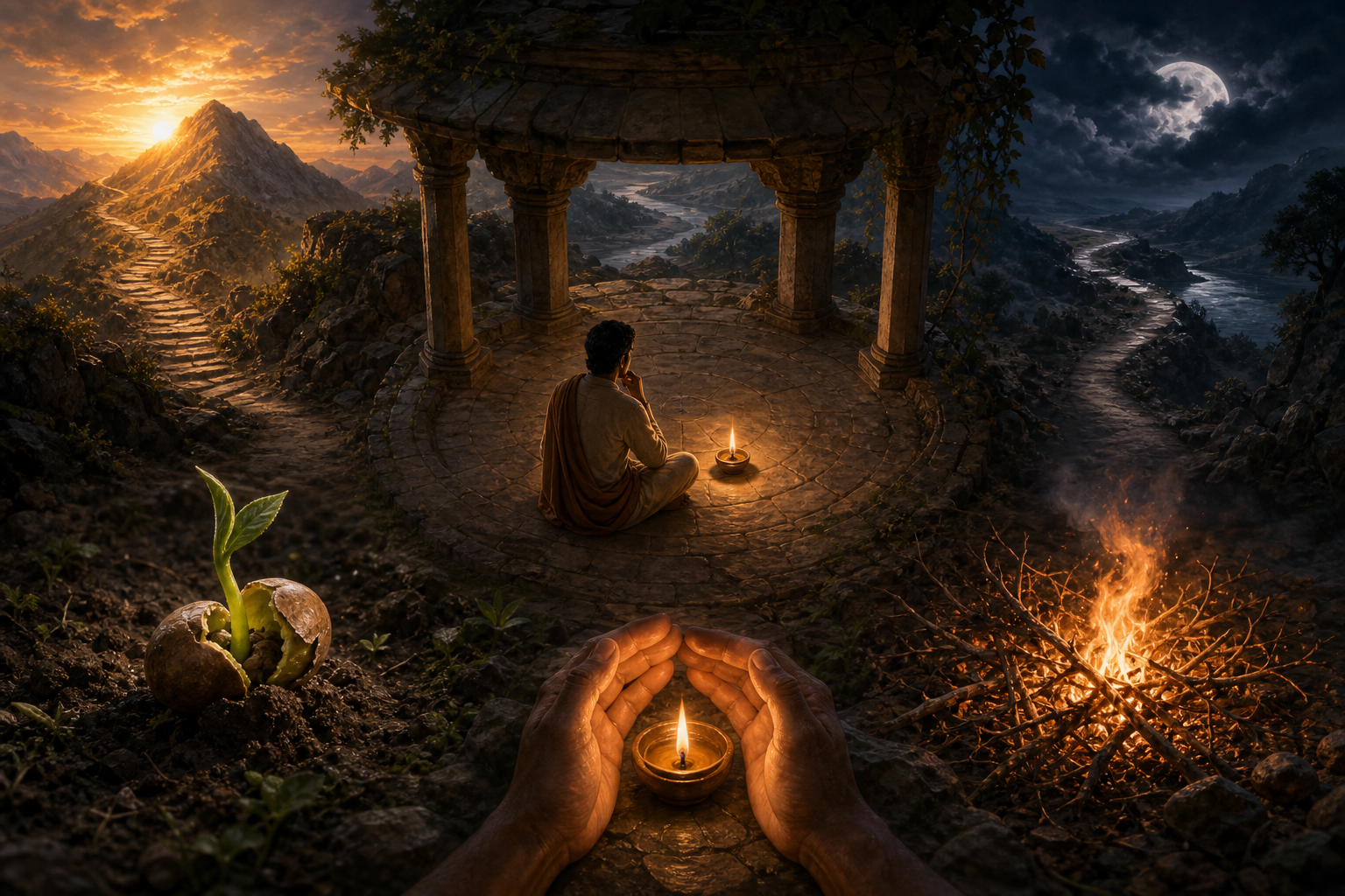 A person considers two paths beside an oil lamp while a sprouting seed, sheltered flame, burning dry branches, cloud-covered moon, and revealed sunrise path surround the pavilion.