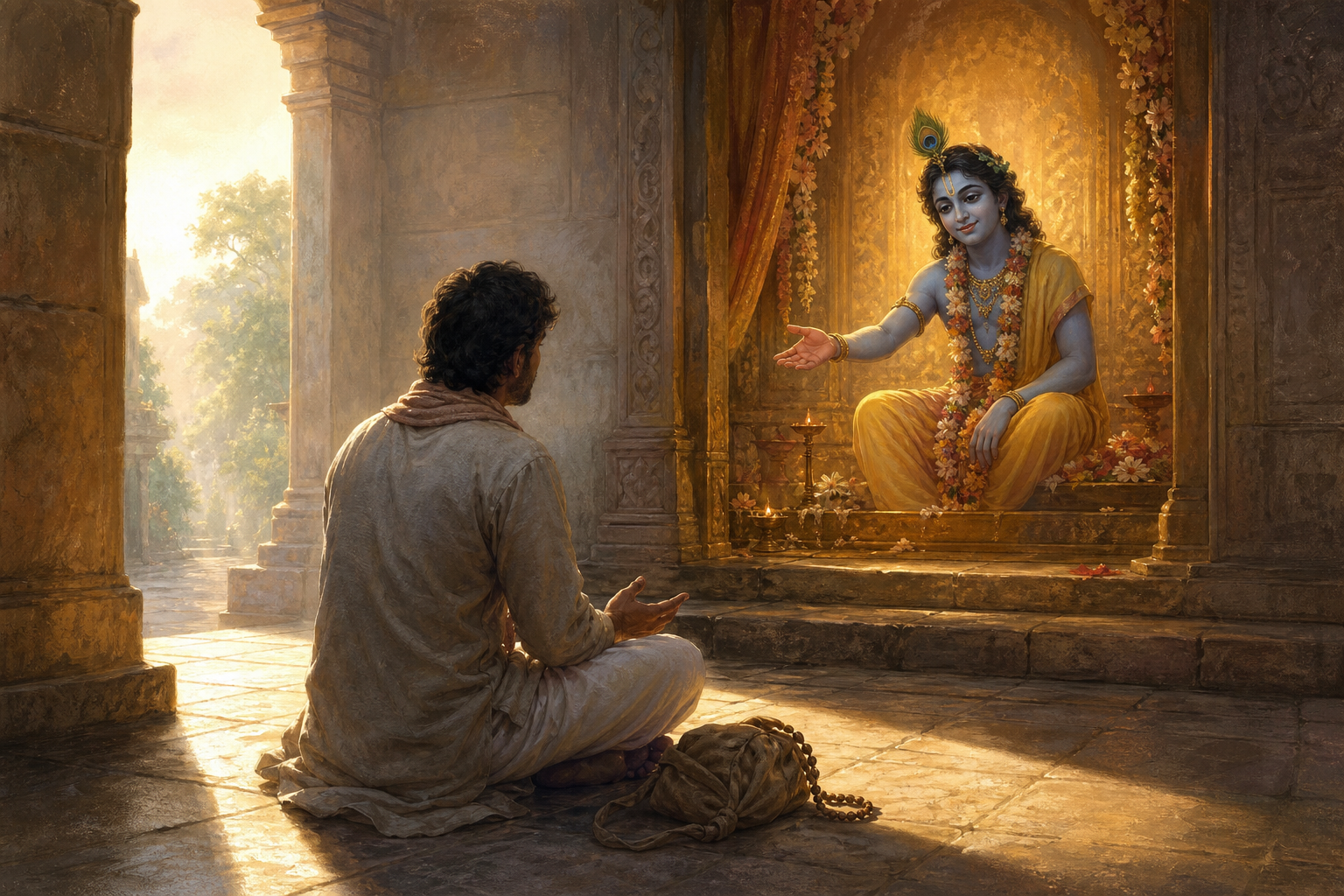 A humbled devotee sits with open hands before a warmly lit altar where Krishna looks on with a gentle expression at dawn.