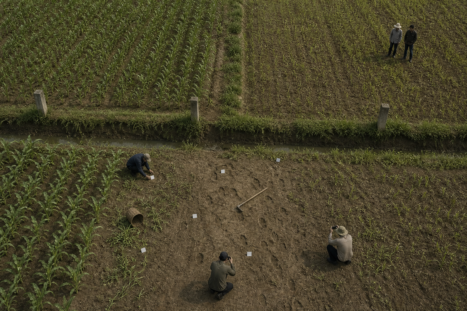 Investigators photograph footprints, a dropped farming tool and an overturned basket beside a ditch separating two fields.