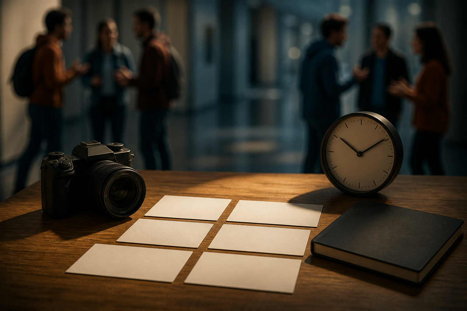 Evidence-gathering objects sit in sharp focus on a desk while two blurred groups of students argue in a university corridor behind them.