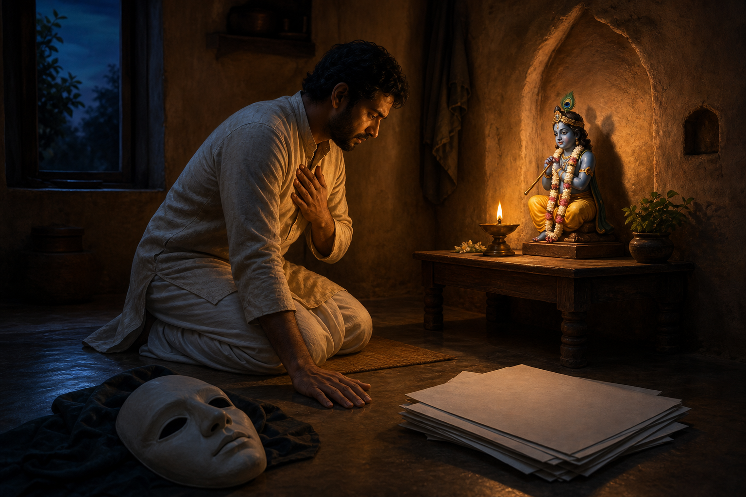 A kneeling practitioner leaves a plain mask and unmarked papers on the floor while praying before a small Krishna altar.