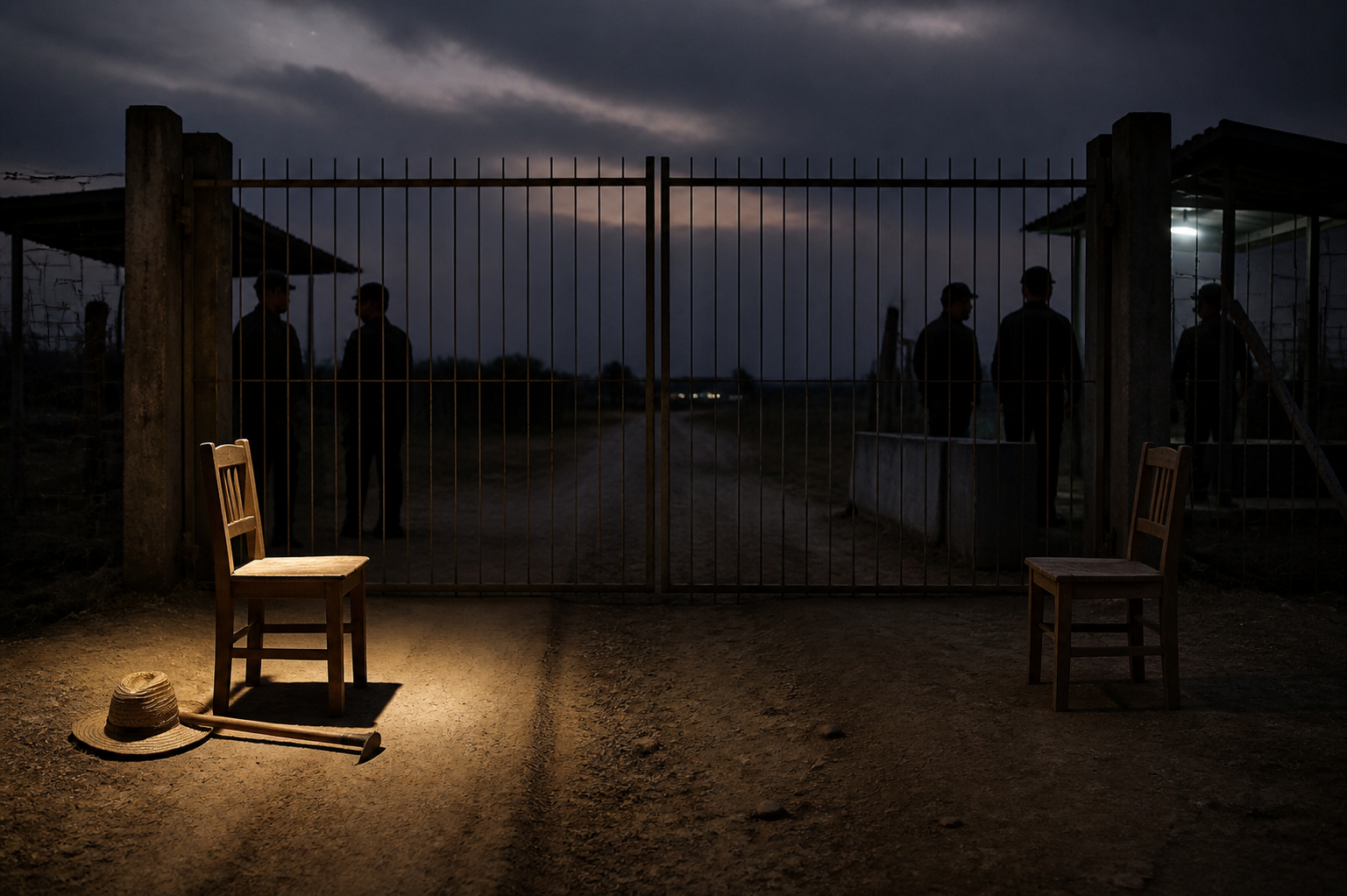 Two empty chairs face each other across a closed rural border gate as shadowed officials wait on both sides.