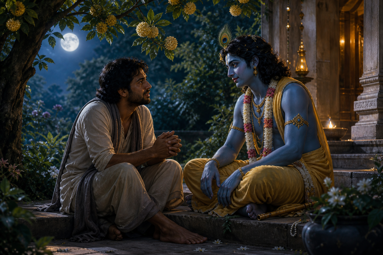 A weary devotee speaks with Krishna, who sits nearby at the same level and listens attentively in a moonlit garden.