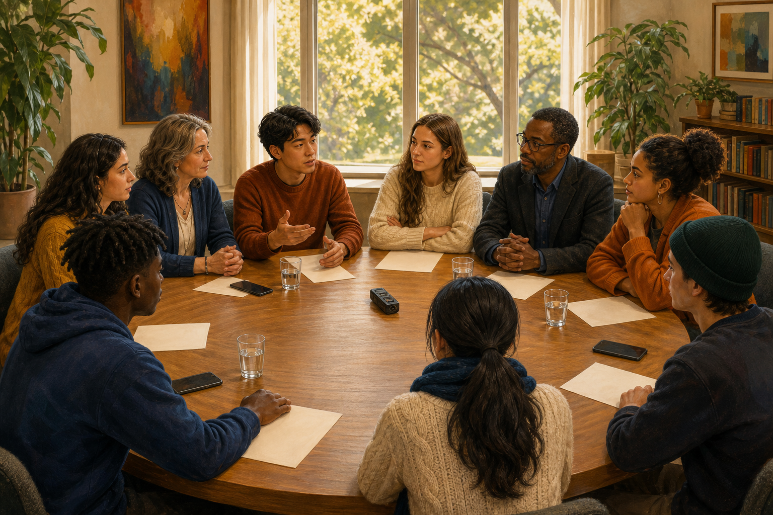 Students, faculty mediators, and an observer sit in an equal circle around a table for a calm accountability meeting.